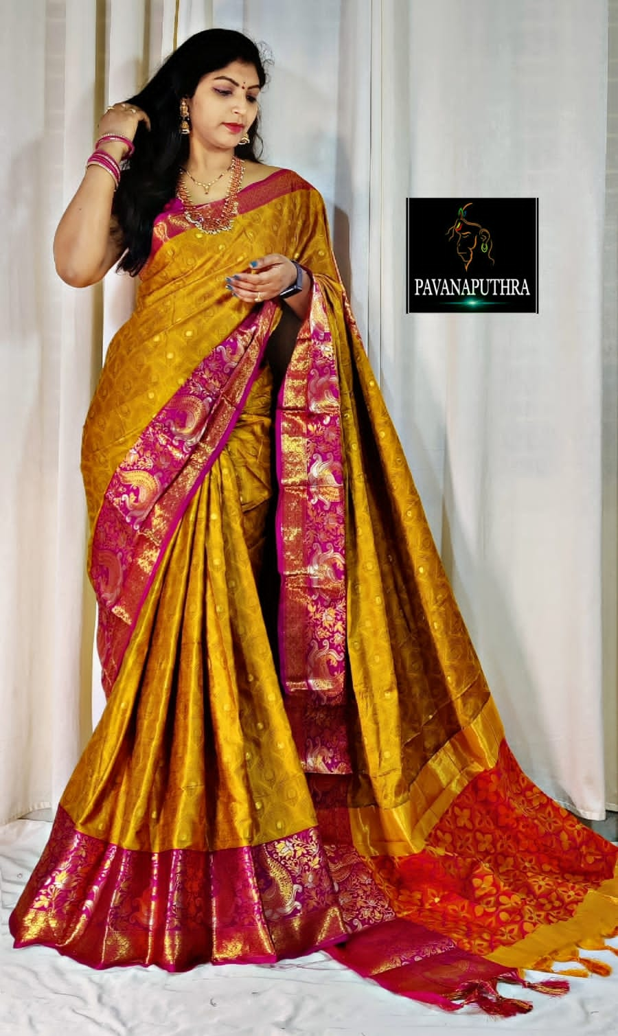 Mustard and Pink Nayra Kanjivaram Silk Saree