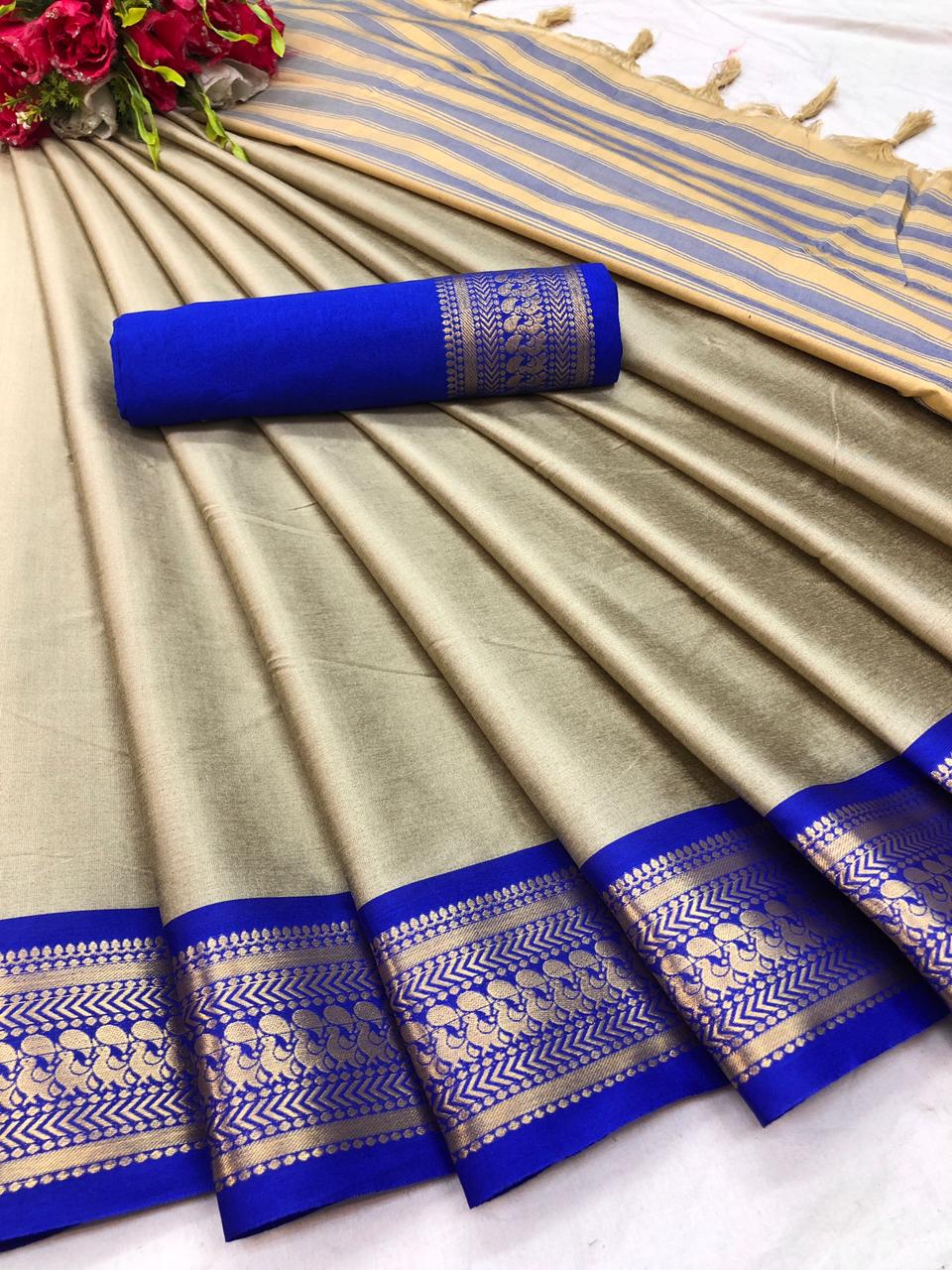 Chiku Blue Copper Design Pallavi Cotton Silk Saree