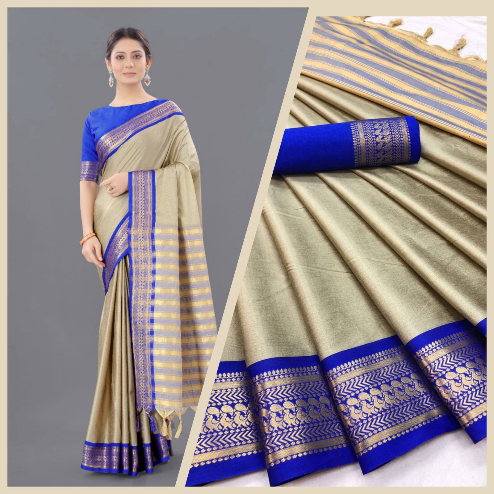 Chiku Blue Copper Design Pallavi Cotton Silk Saree