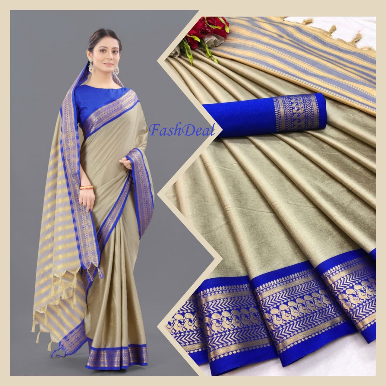 Chiku Blue Copper Design Pallavi Cotton Silk Saree