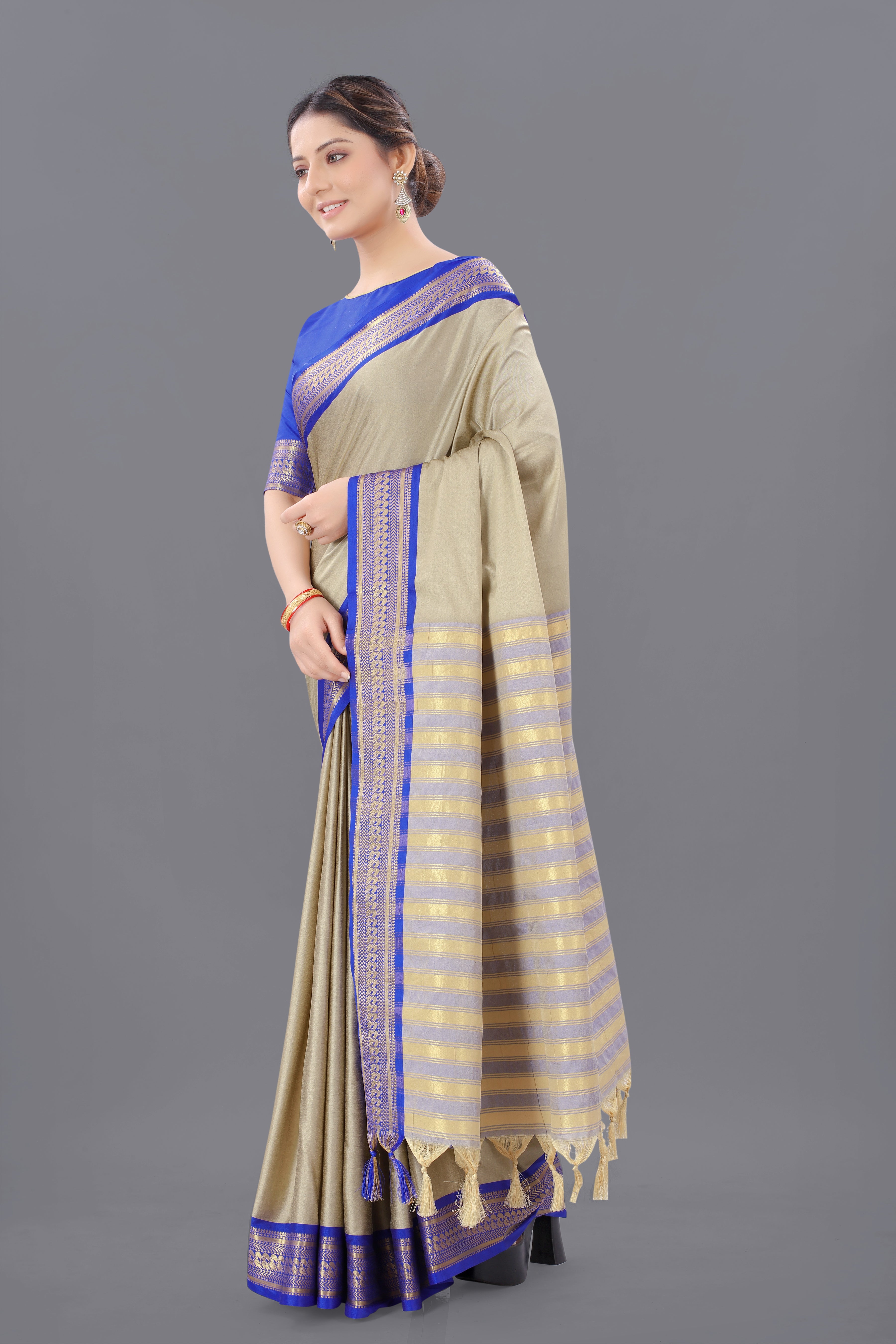 Chiku Blue Copper Design Pallavi Cotton Silk Saree