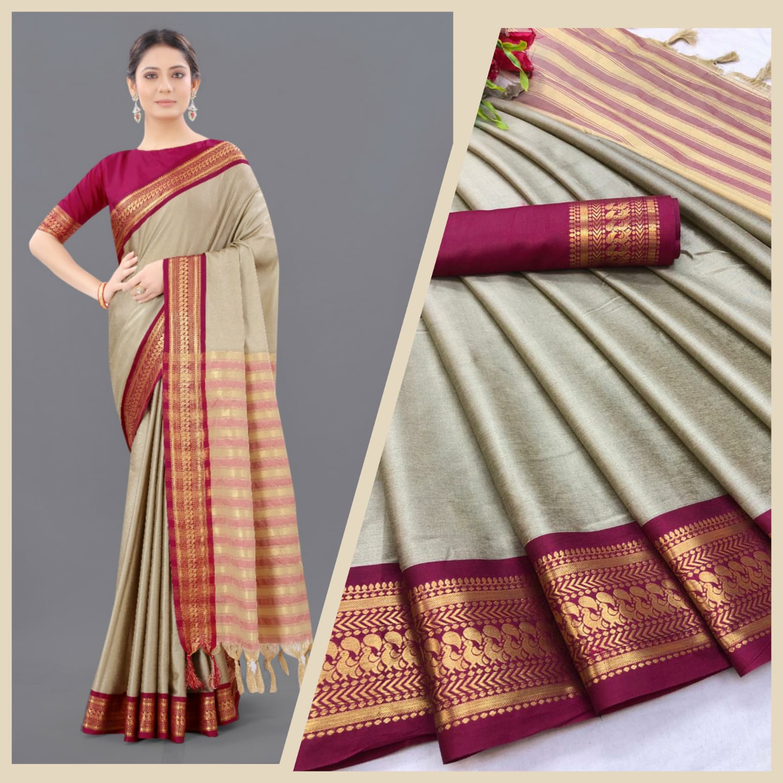 Chiku Pink Copper Design Pallavi Cotton Silk Saree