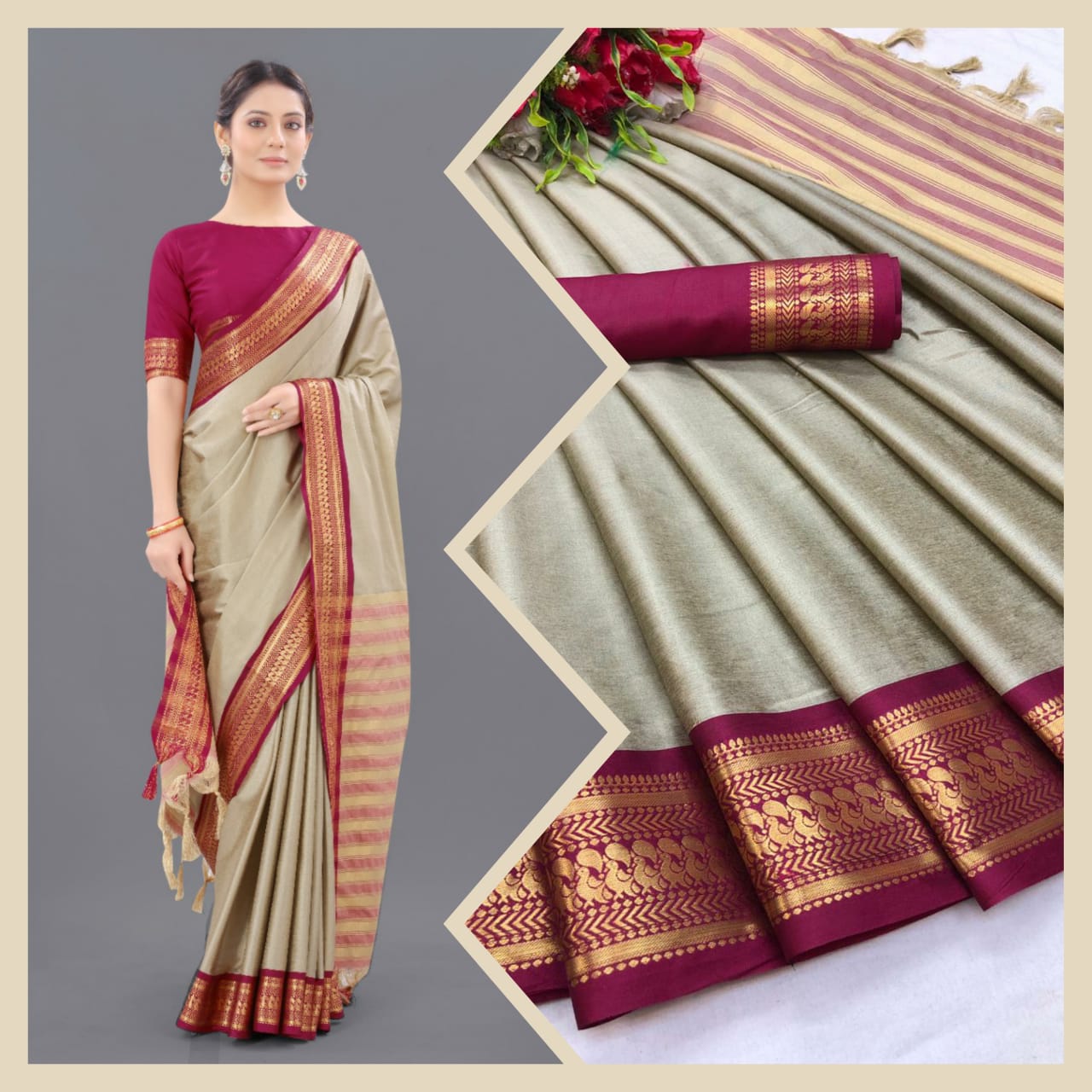 Chiku Pink Copper Design Pallavi Cotton Silk Saree