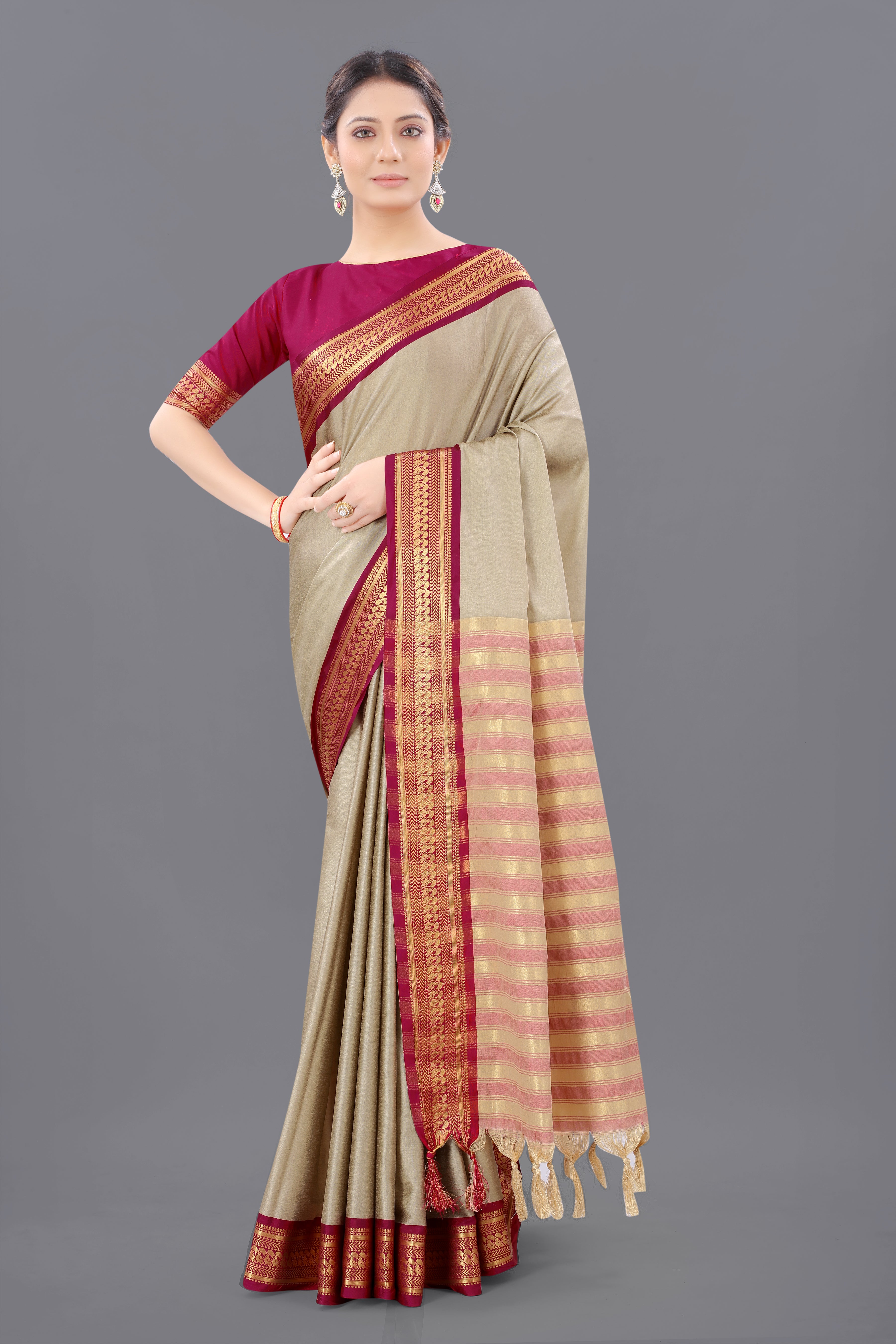 Chiku Pink Copper Design Pallavi Cotton Silk Saree