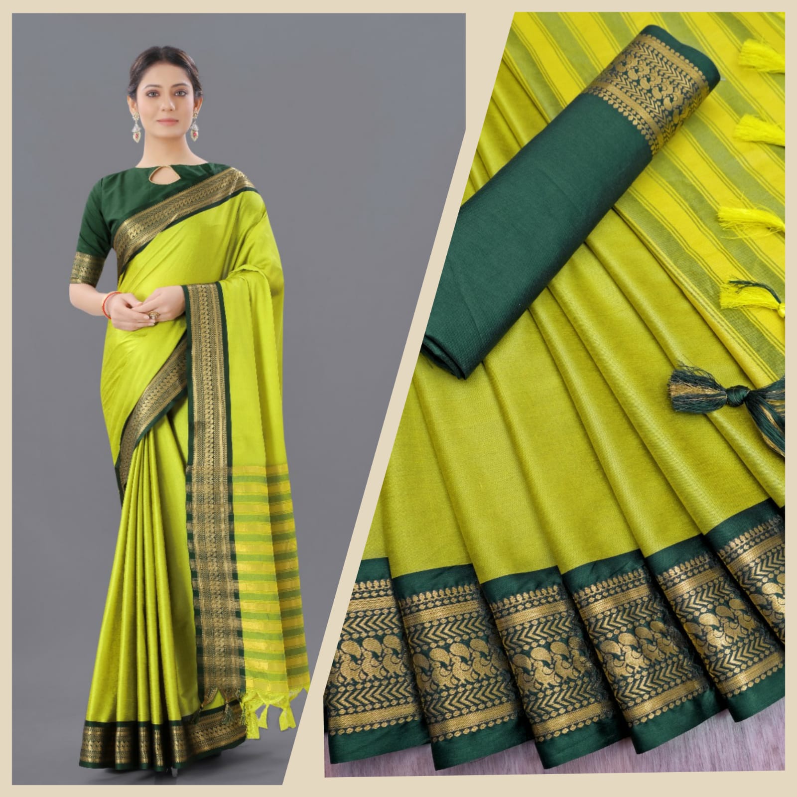 Light Yellow Green Copper Design Pallavi Cotton Silk Saree