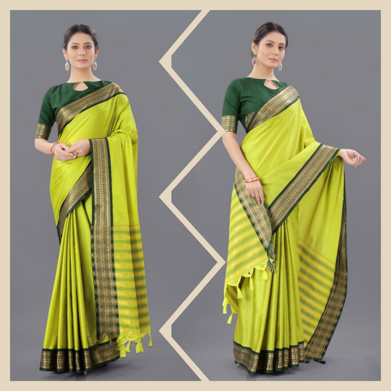 Light Yellow Green Copper Design Pallavi Cotton Silk Saree