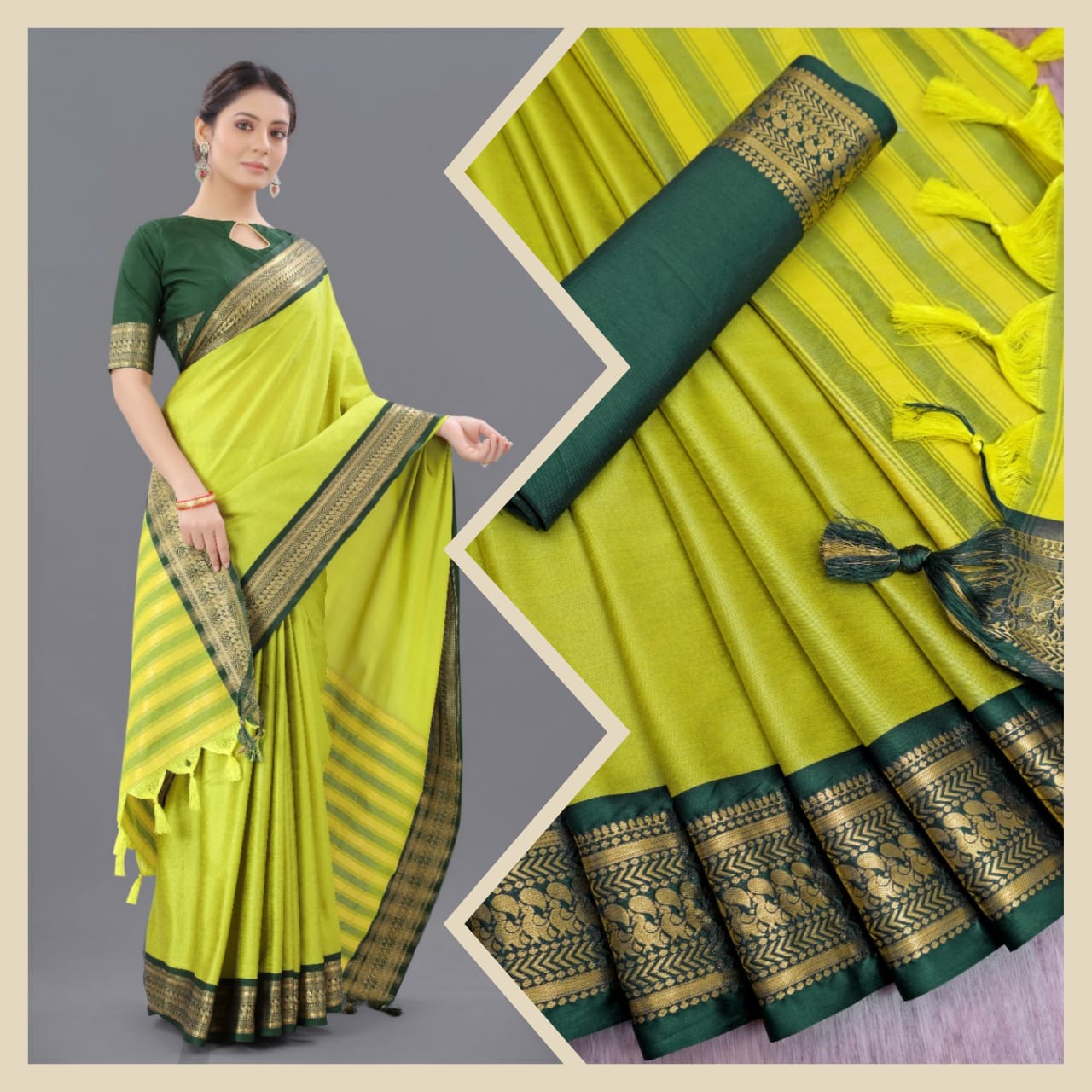 Light Yellow Green Copper Design Pallavi Cotton Silk Saree