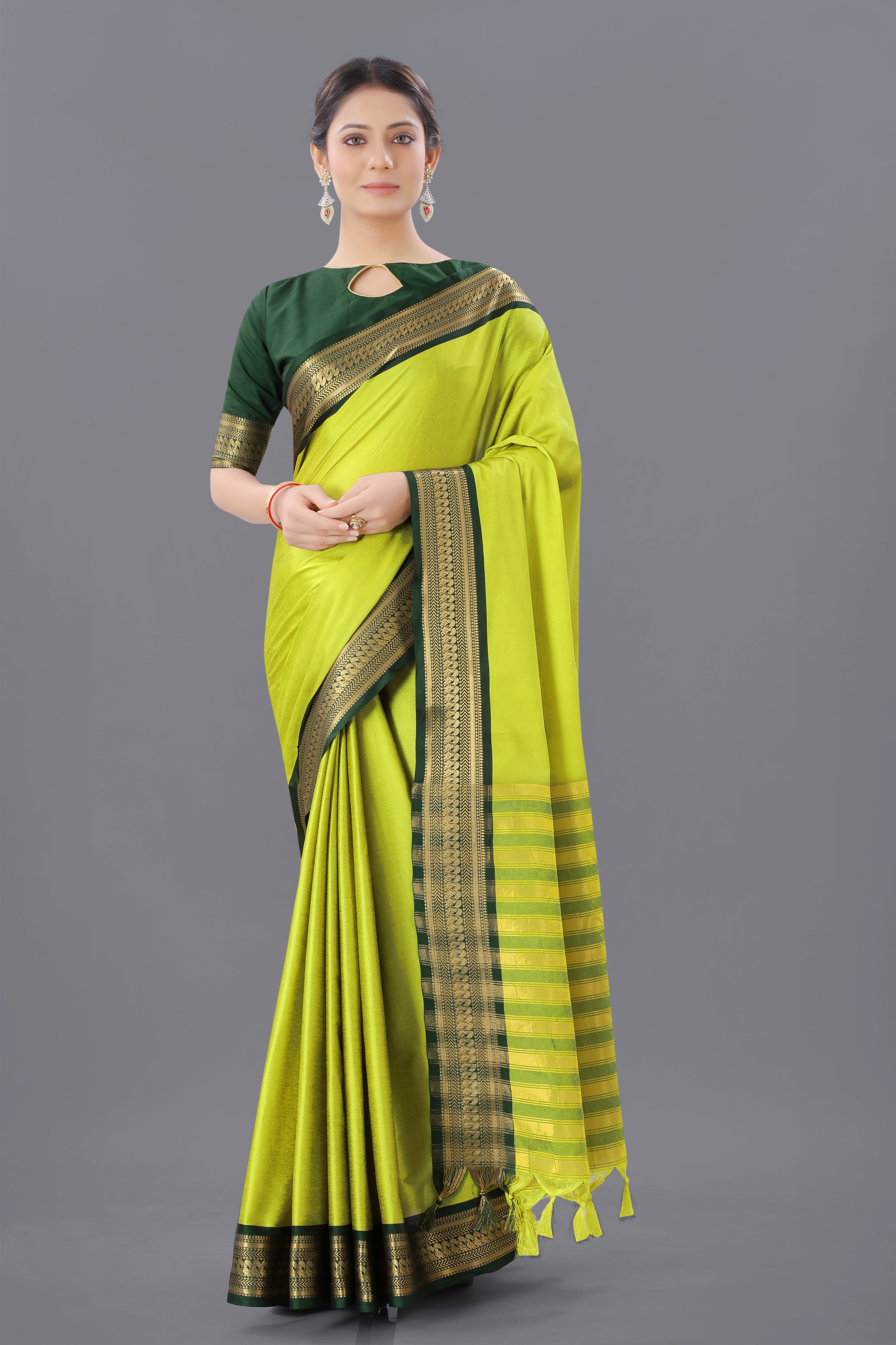 Light Yellow Green Copper Design Pallavi Cotton Silk Saree