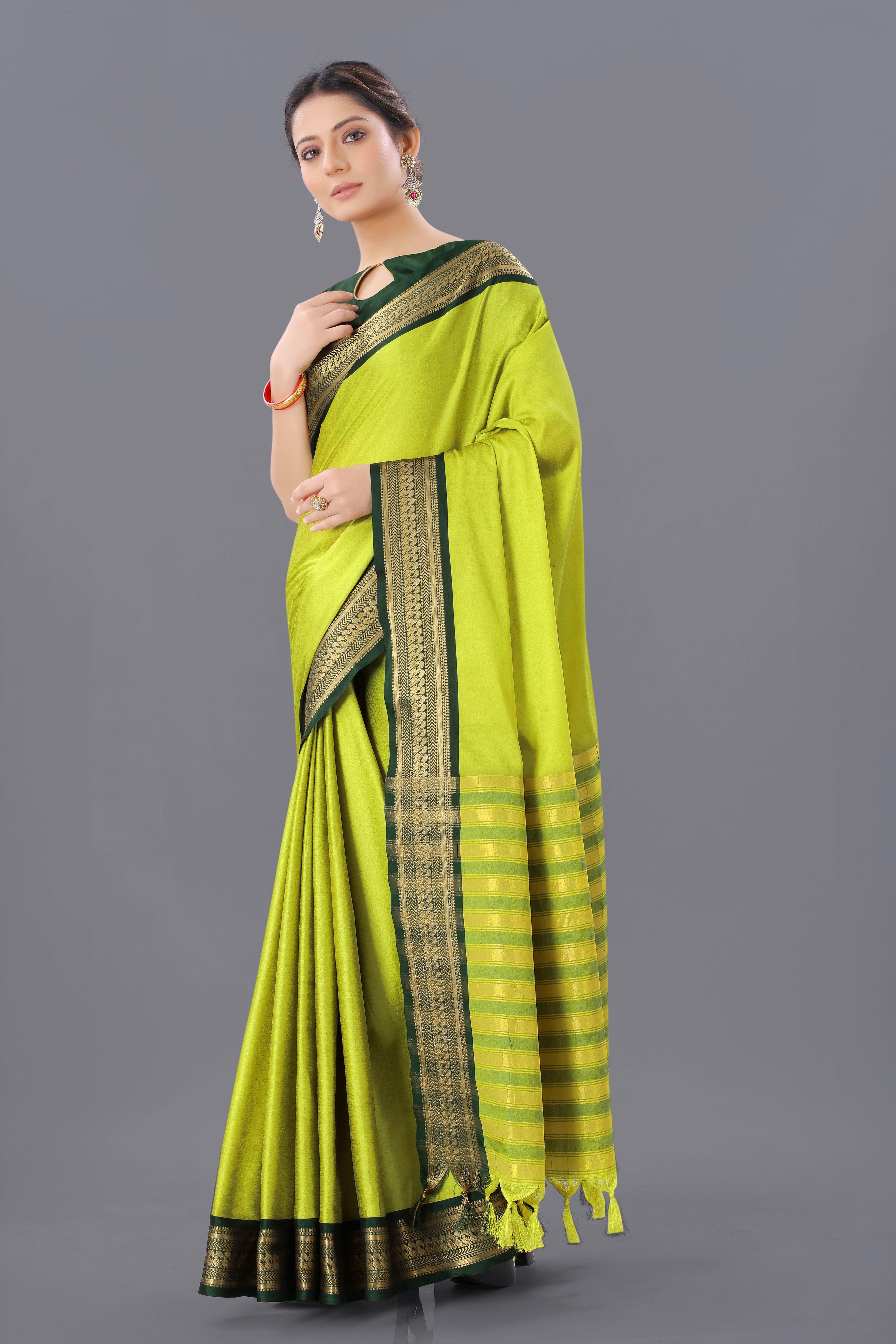 Light Yellow Green Copper Design Pallavi Cotton Silk Saree