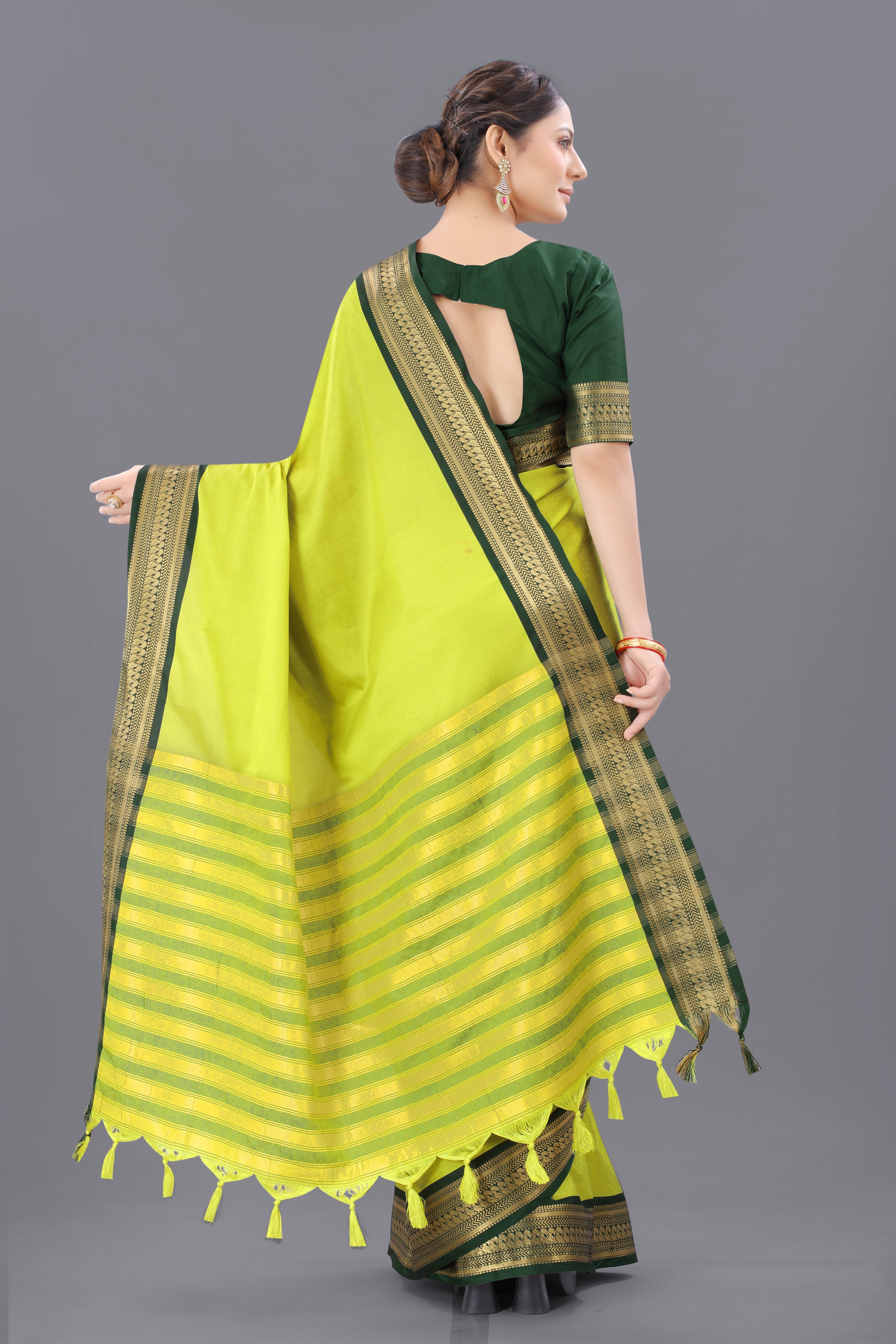 Light Yellow Green Copper Design Pallavi Cotton Silk Saree