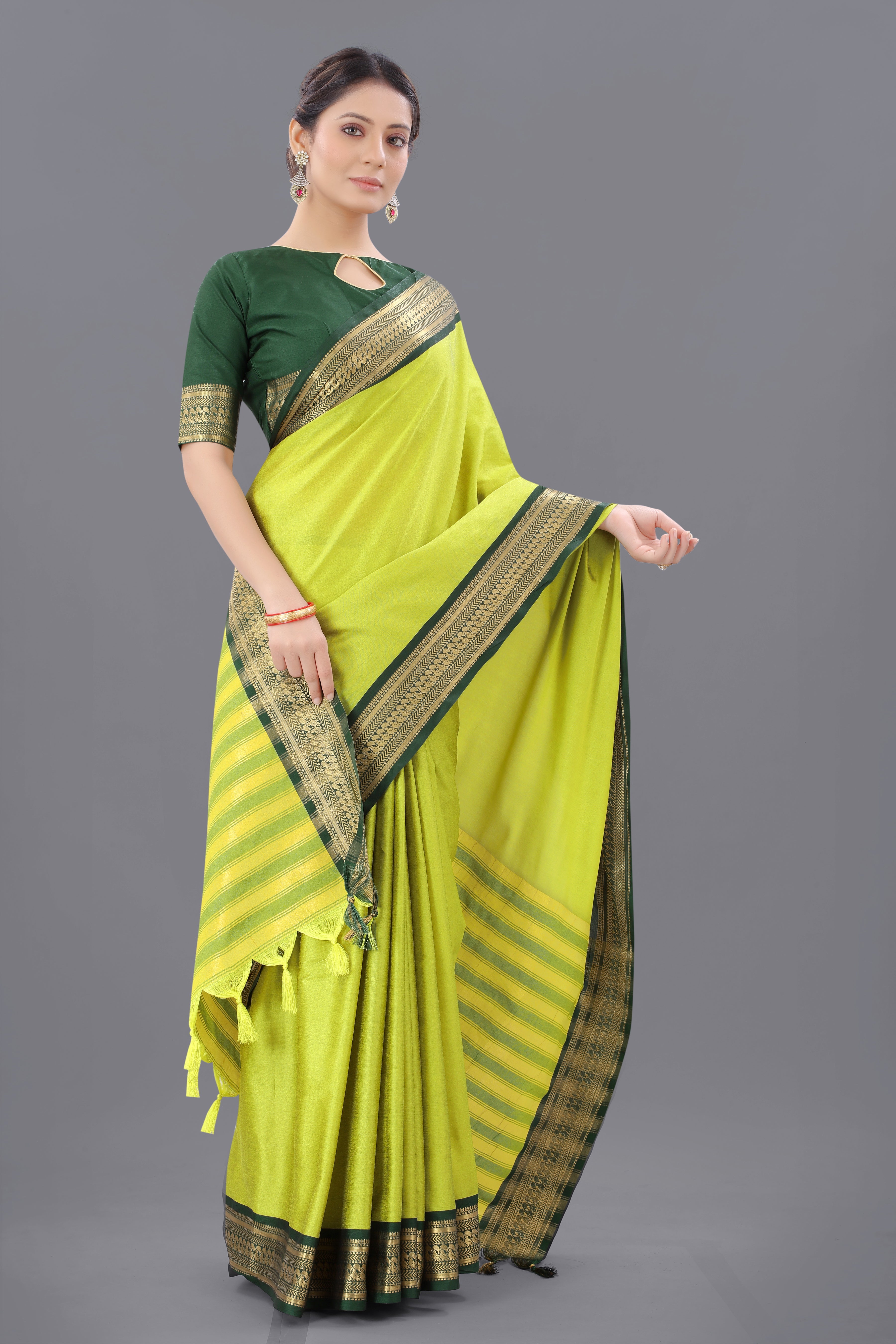 Light Yellow Green Copper Design Pallavi Cotton Silk Saree