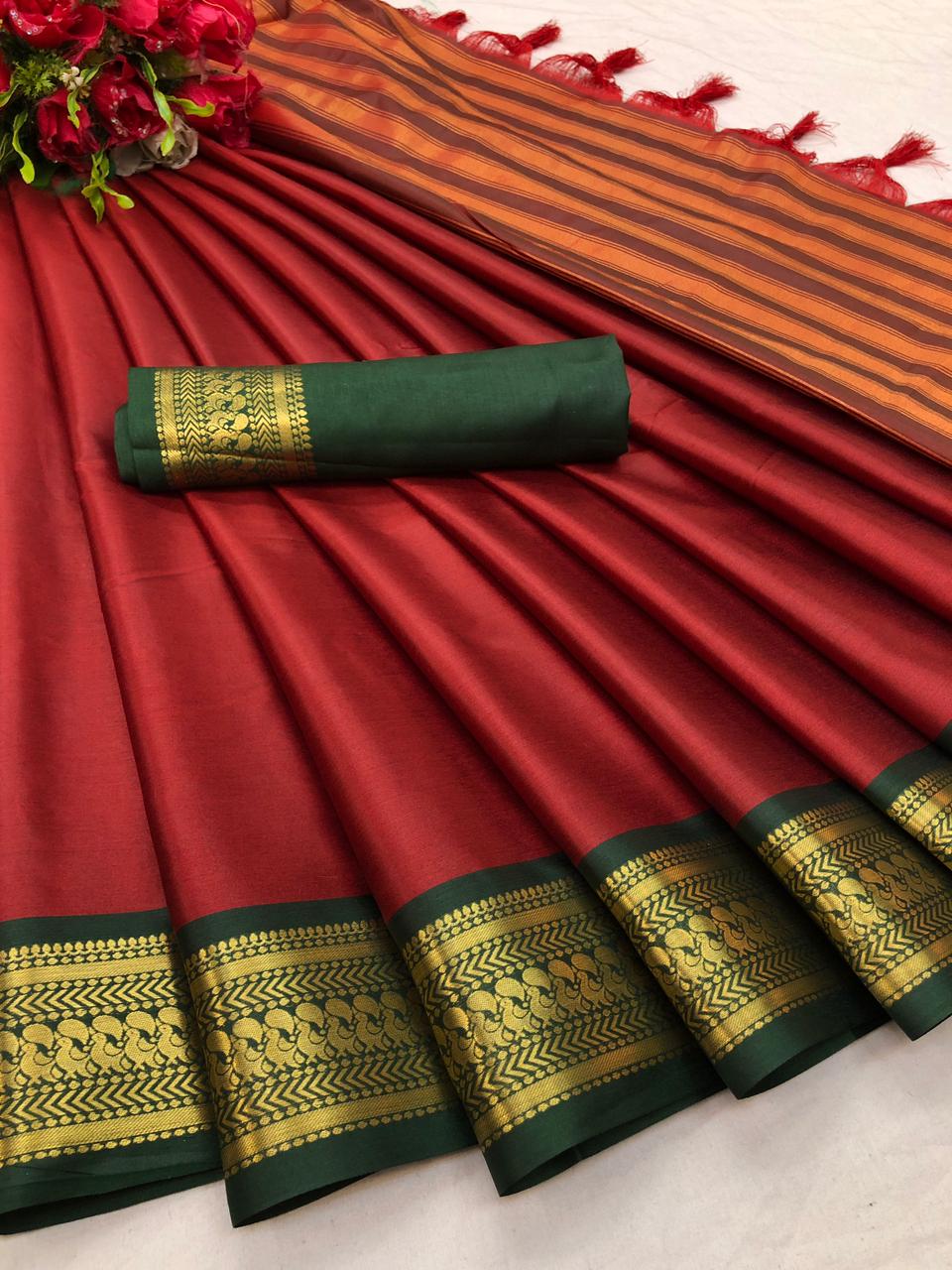 Maroon Green Copper Design Pallavi Cotton Silk Saree