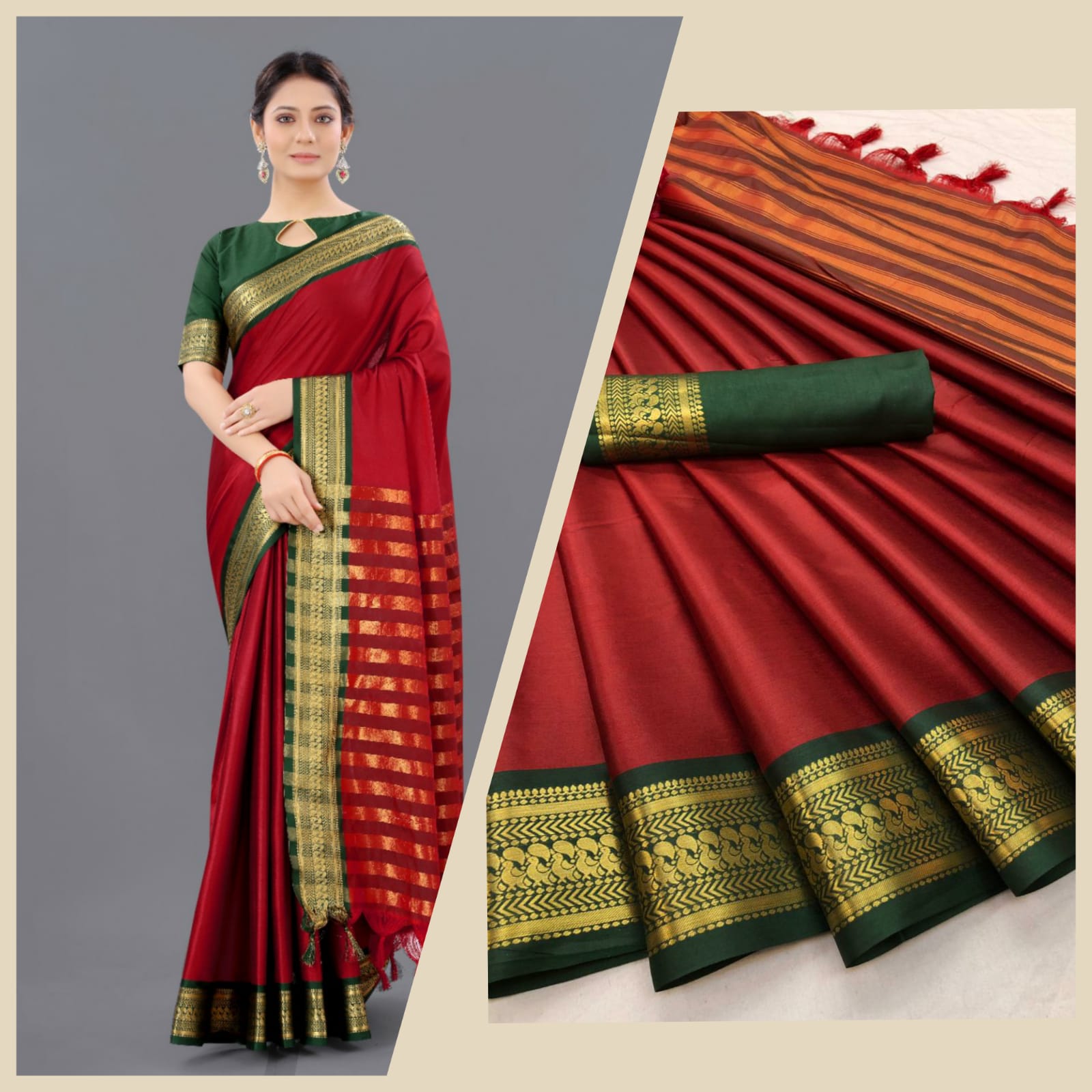 Maroon Green Copper Design Pallavi Cotton Silk Saree