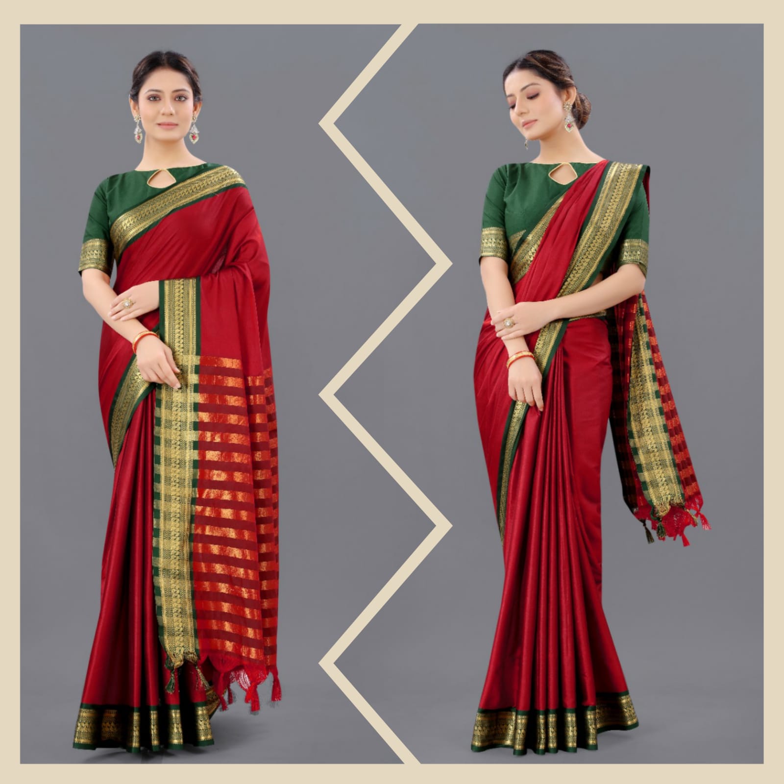 Maroon Green Copper Design Pallavi Cotton Silk Saree