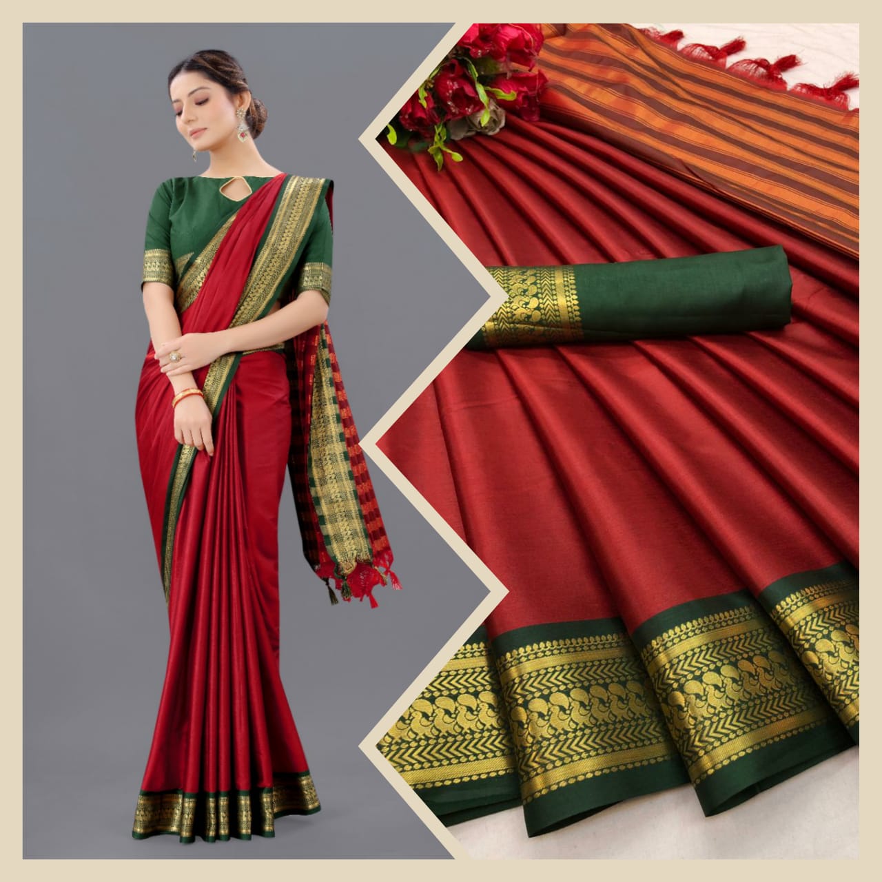 Maroon Green Copper Design Pallavi Cotton Silk Saree