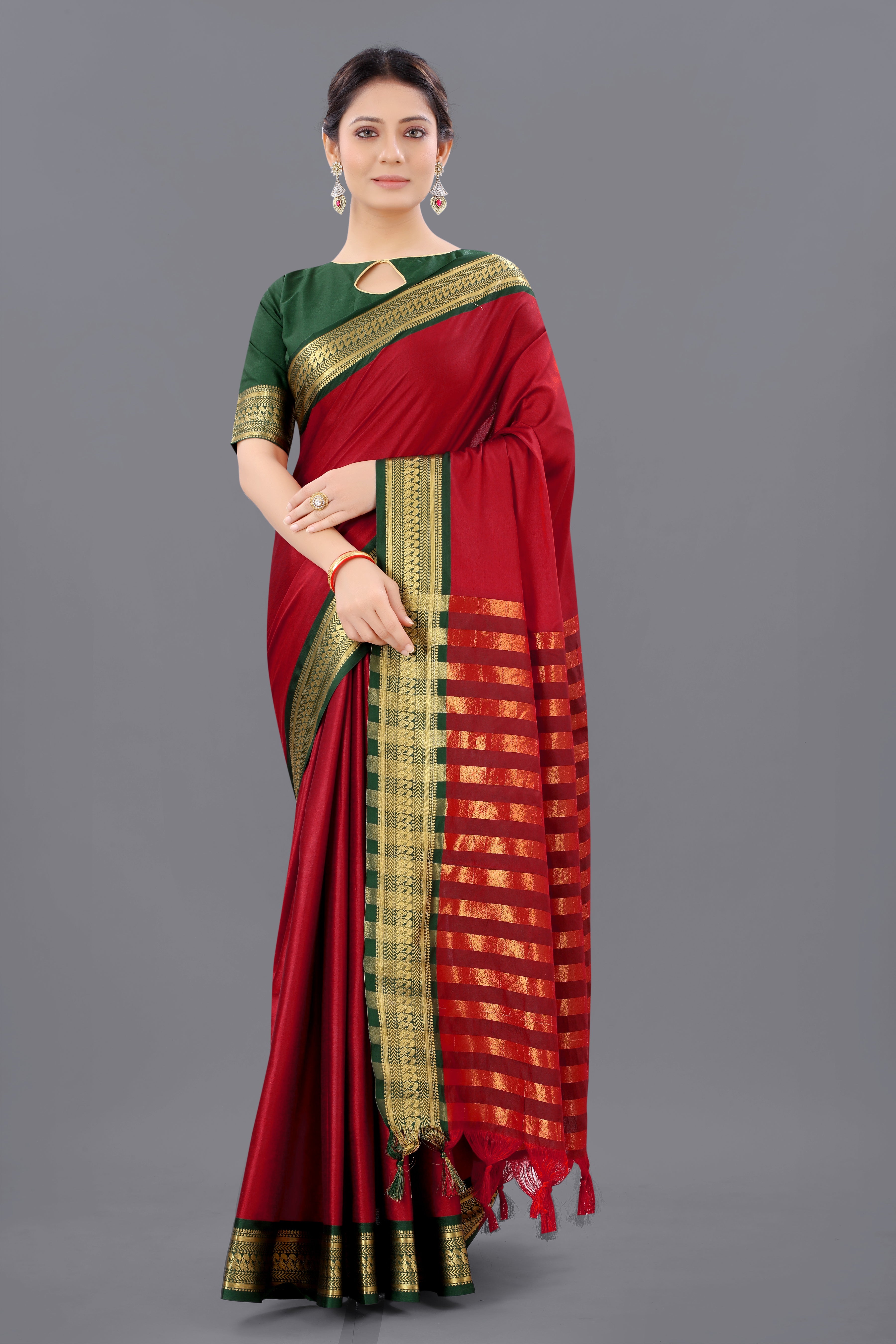 Maroon Green Copper Design Pallavi Cotton Silk Saree