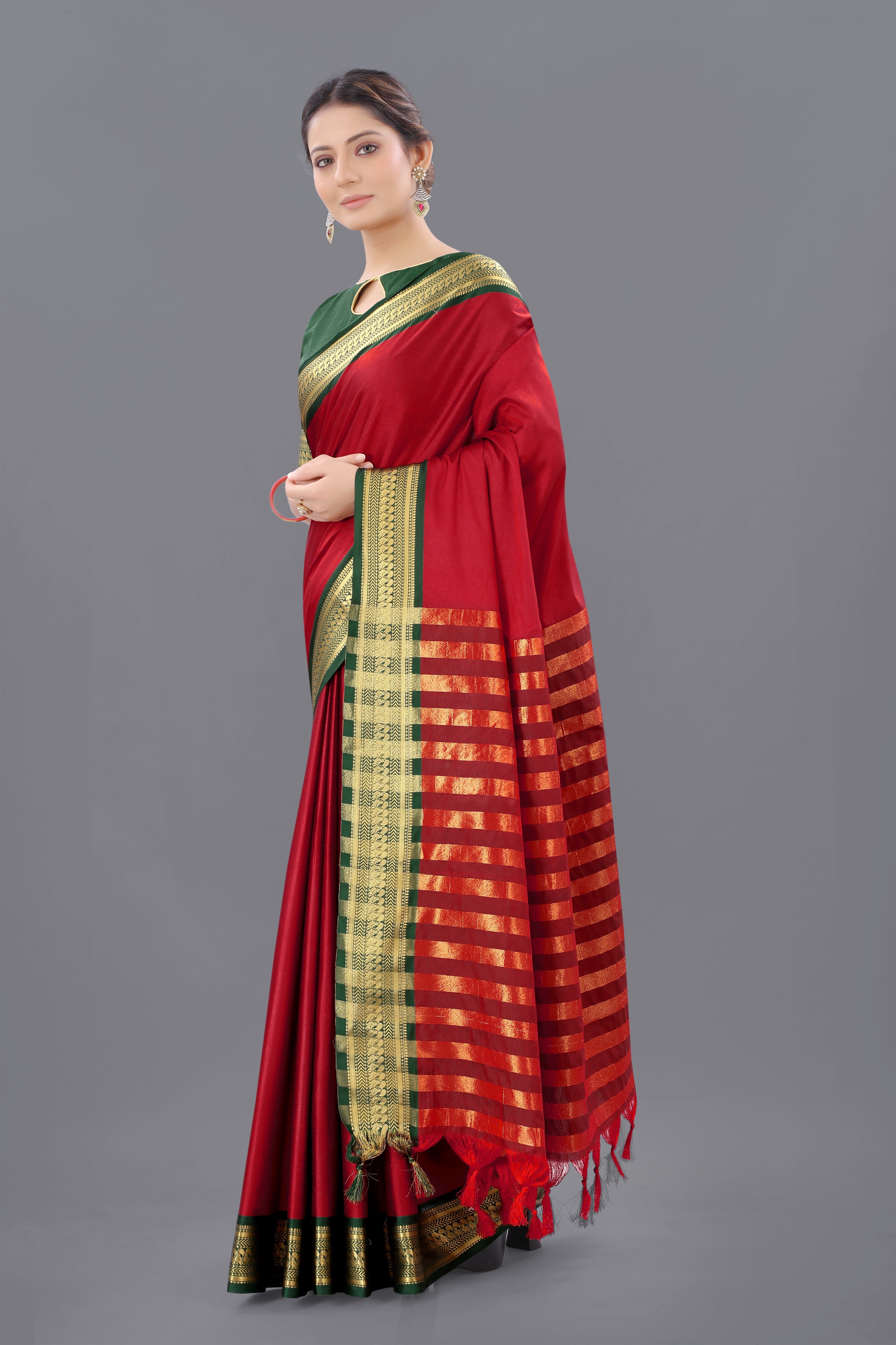 Maroon Green Copper Design Pallavi Cotton Silk Saree