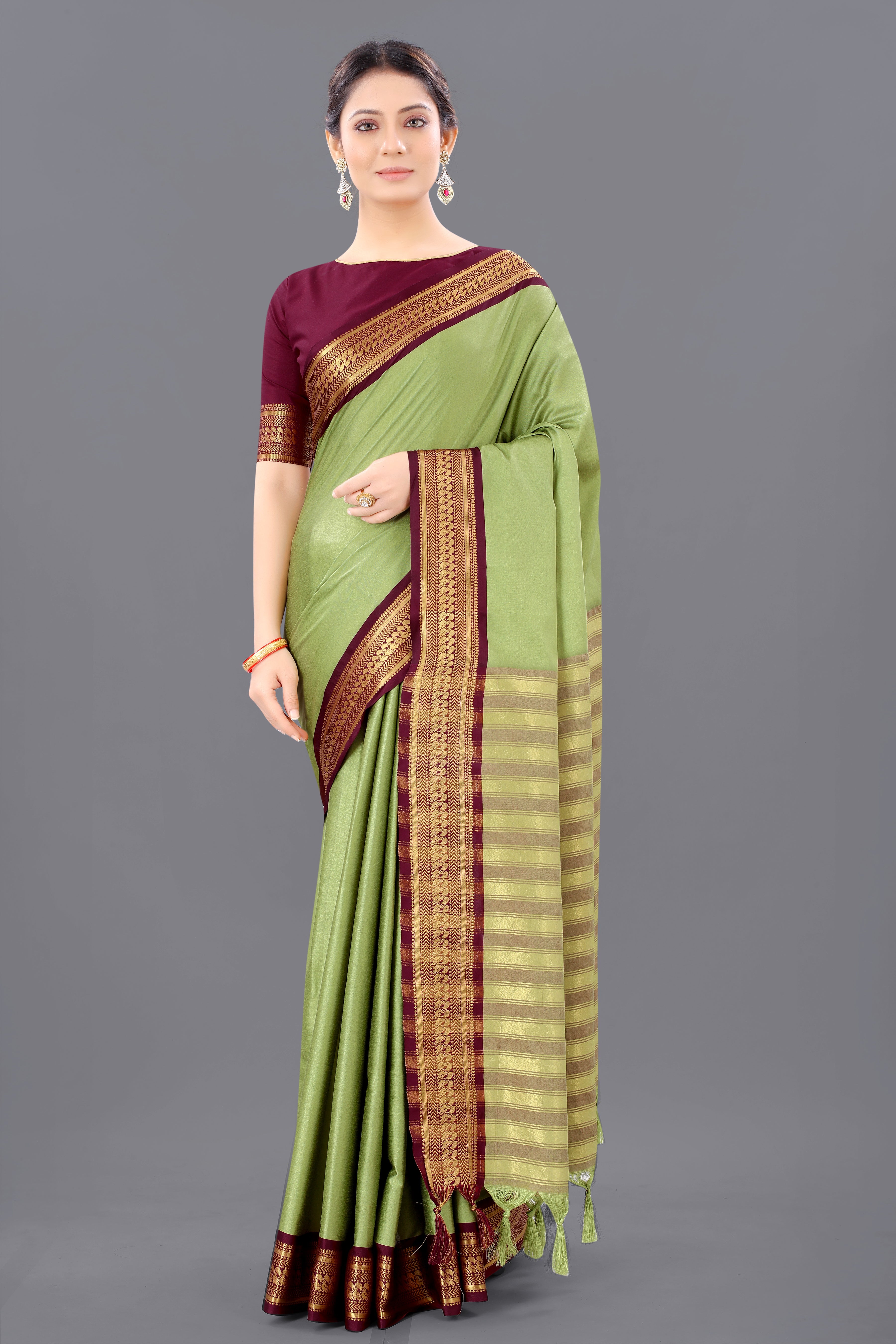 Pista Maroon Copper Design Pallavi Cotton Silk Saree