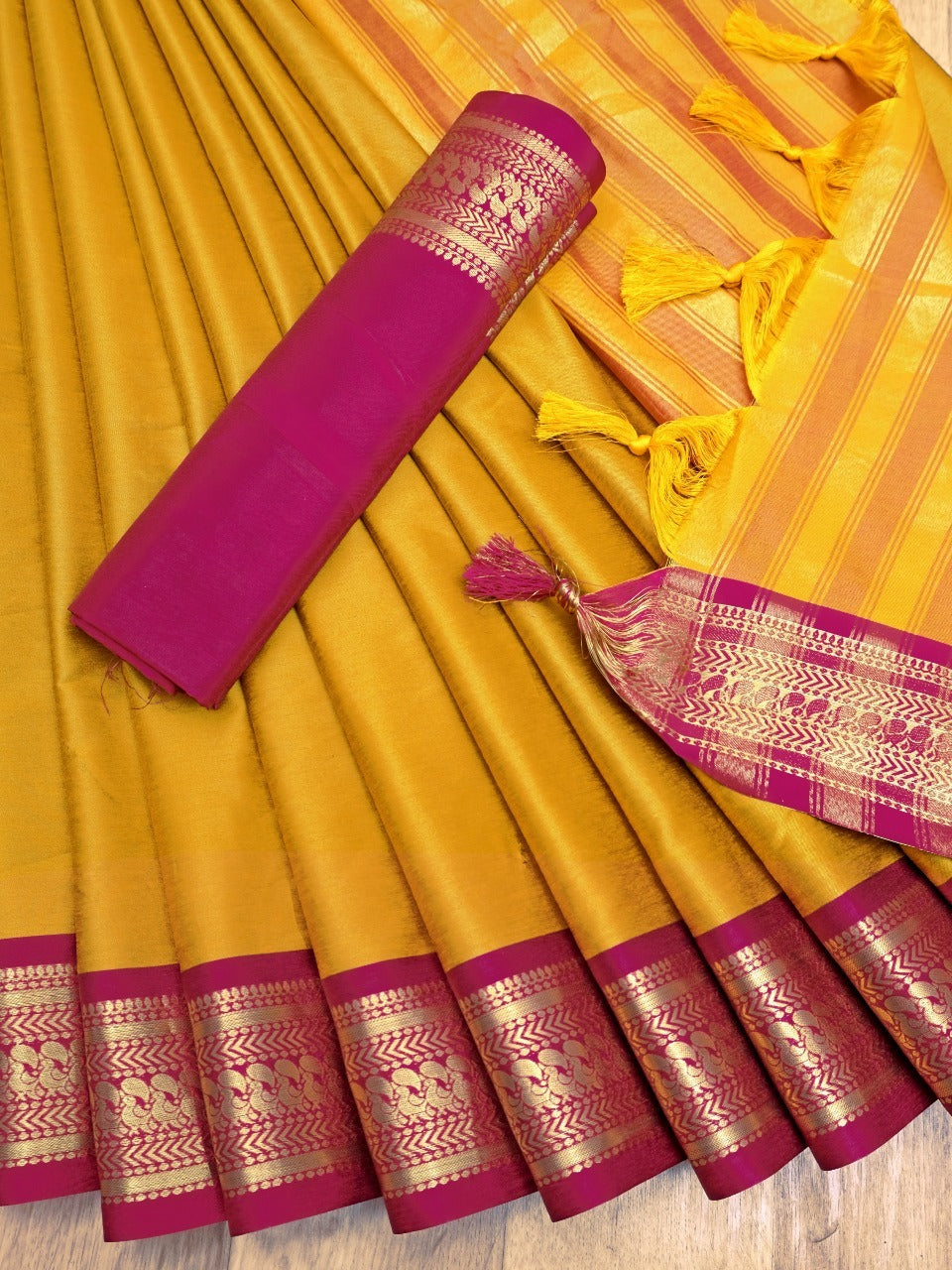 Yellow Pink Copper Design Pallavi Cotton Silk Saree