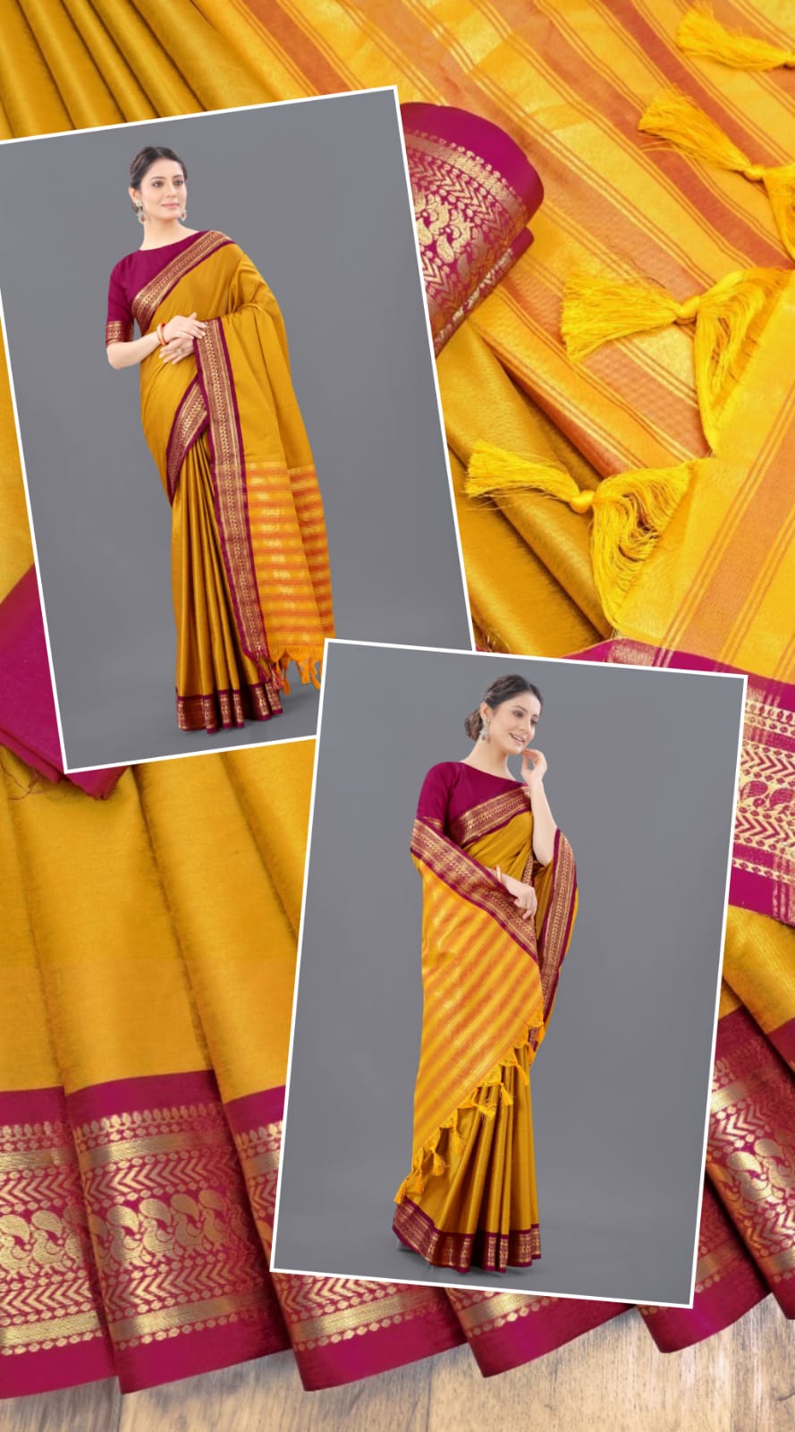 Yellow Pink Copper Design Pallavi Cotton Silk Saree