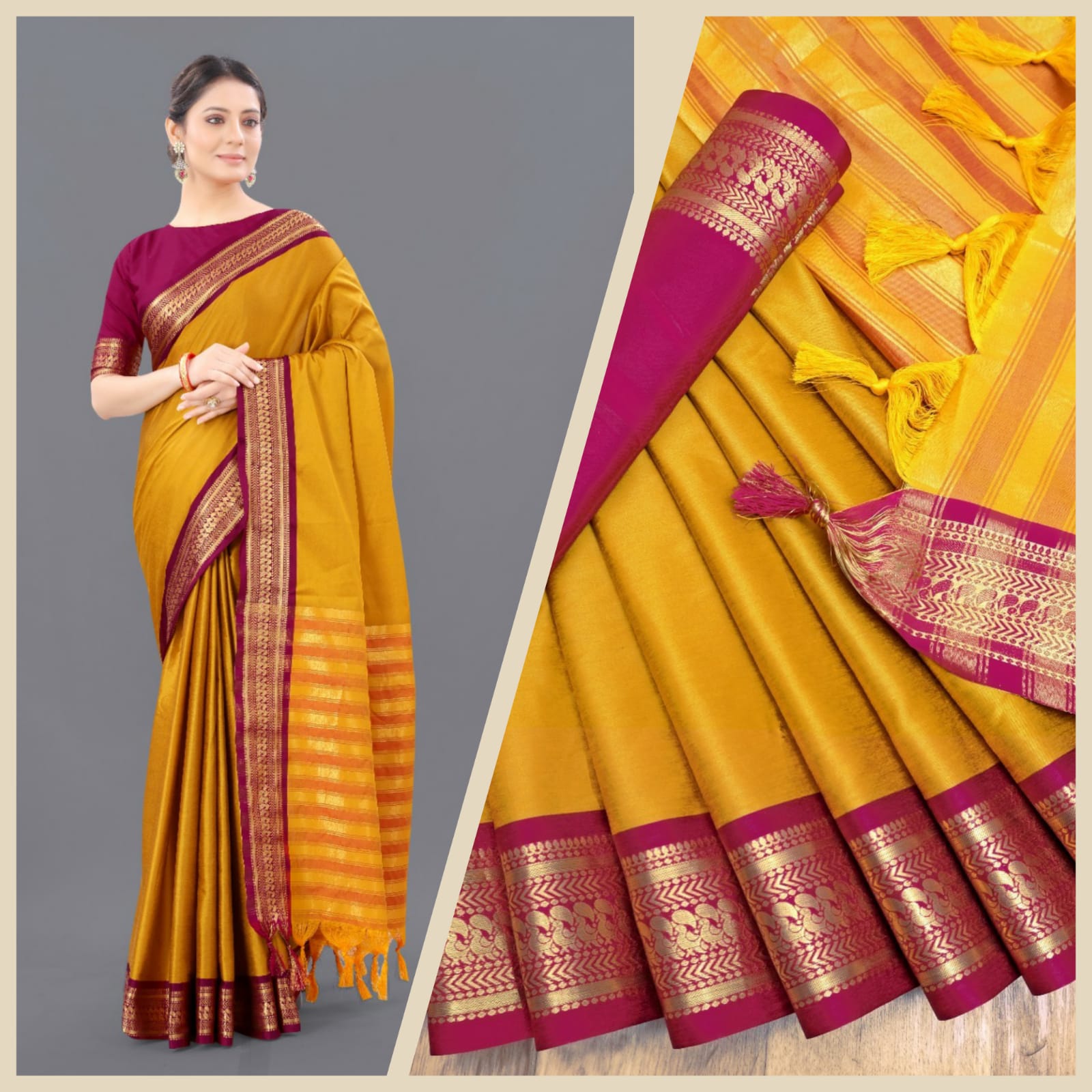 Yellow Pink Copper Design Pallavi Cotton Silk Saree