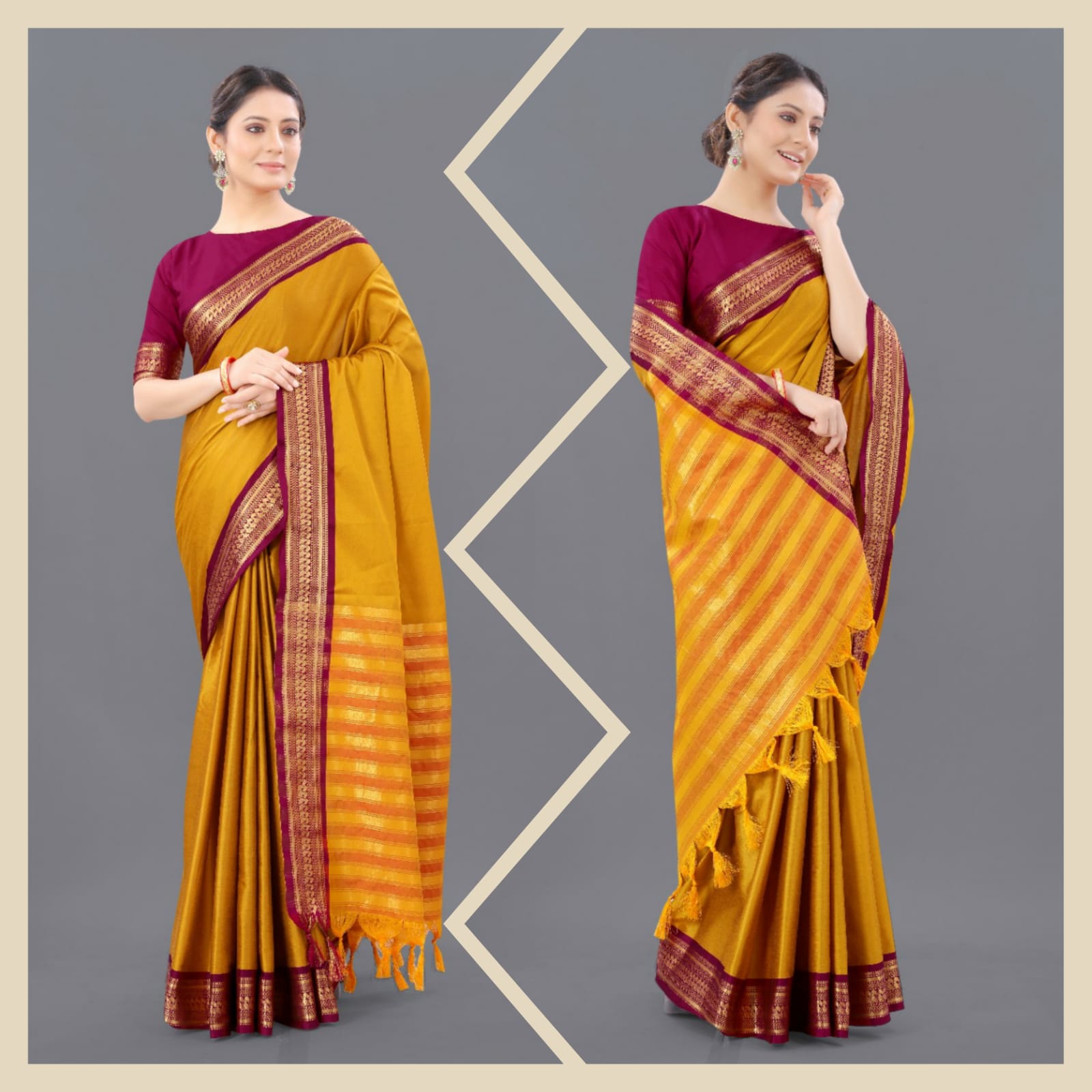 Yellow Pink Copper Design Pallavi Cotton Silk Saree