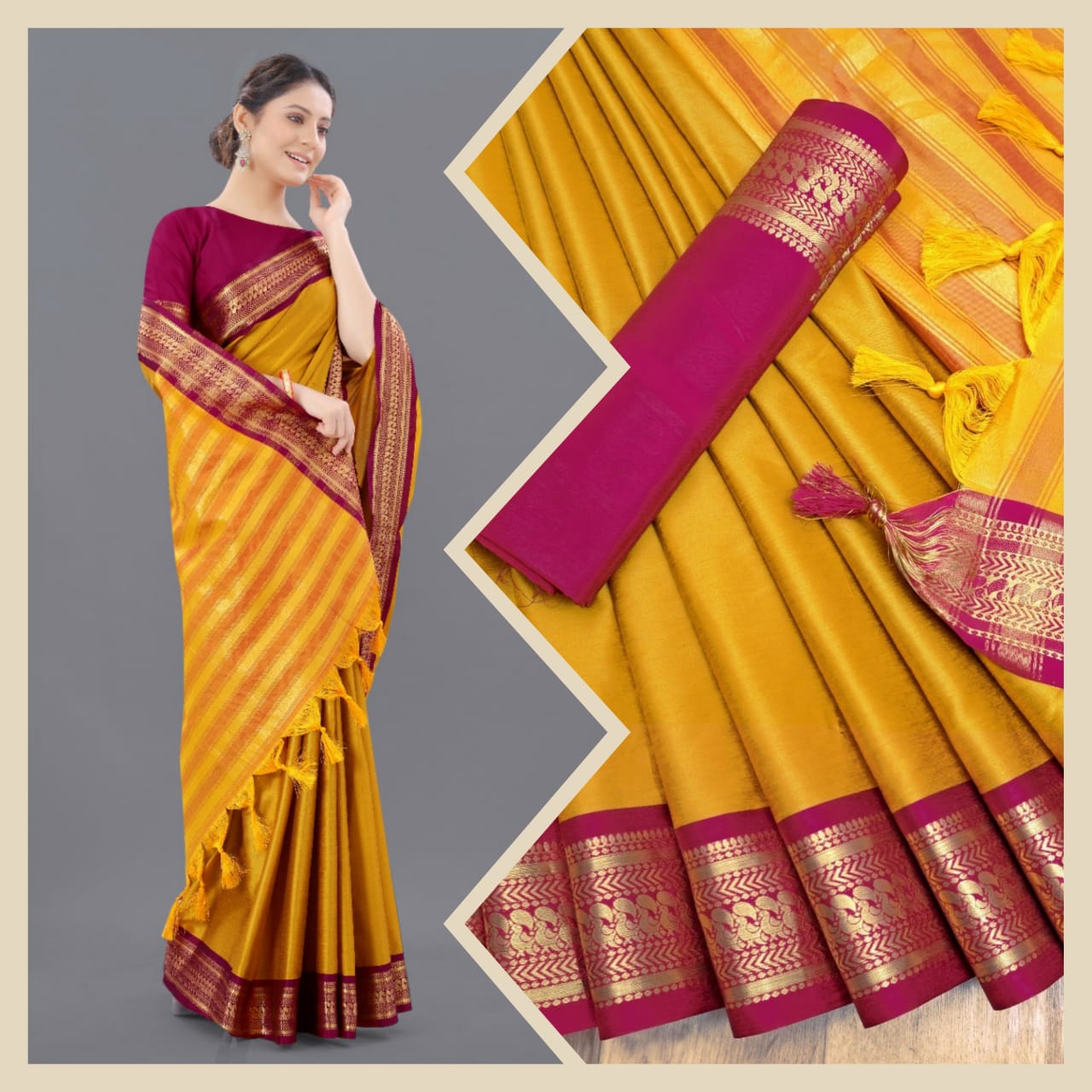 Yellow Pink Copper Design Pallavi Cotton Silk Saree