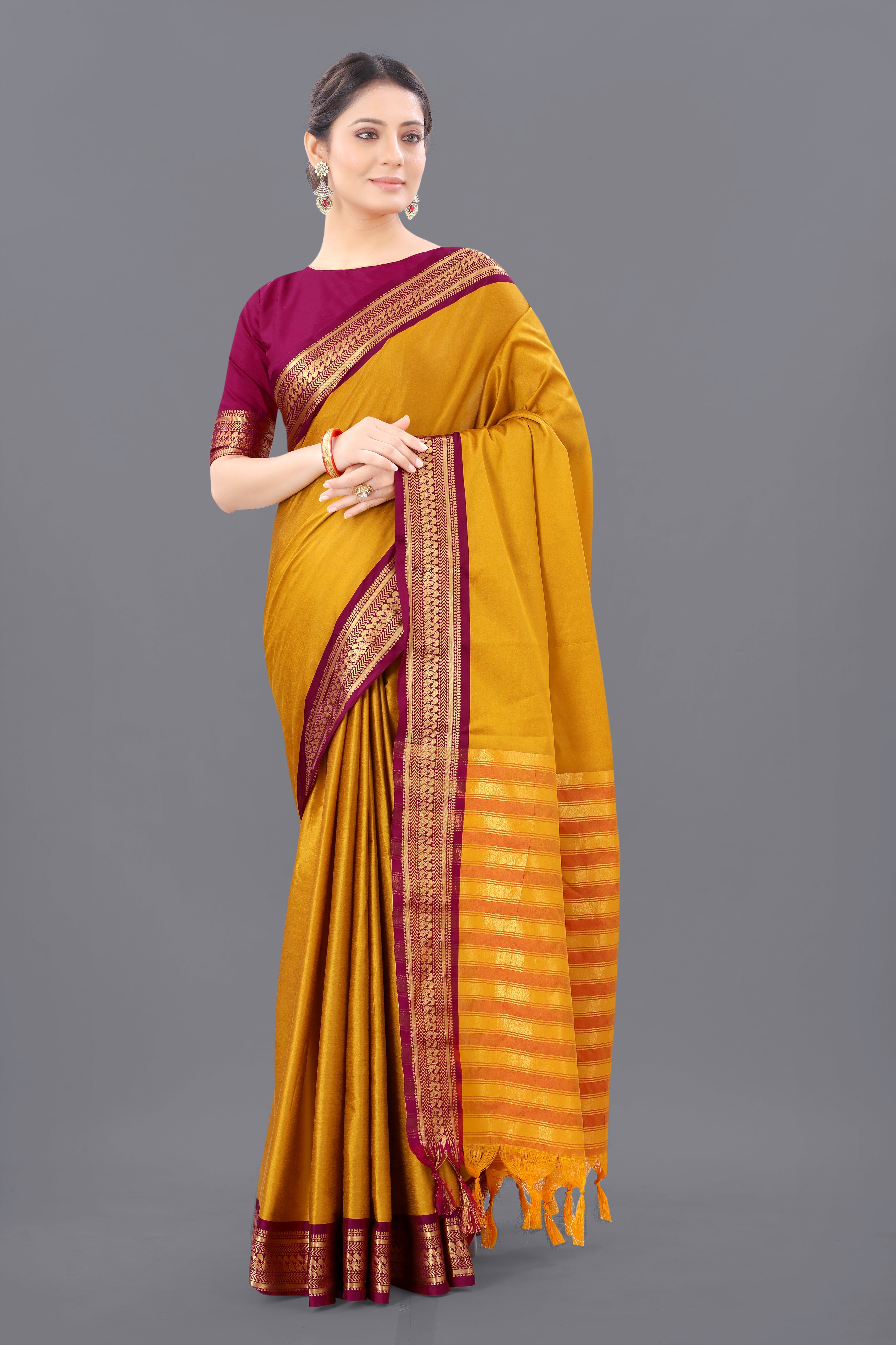 Yellow Pink Copper Design Pallavi Cotton Silk Saree