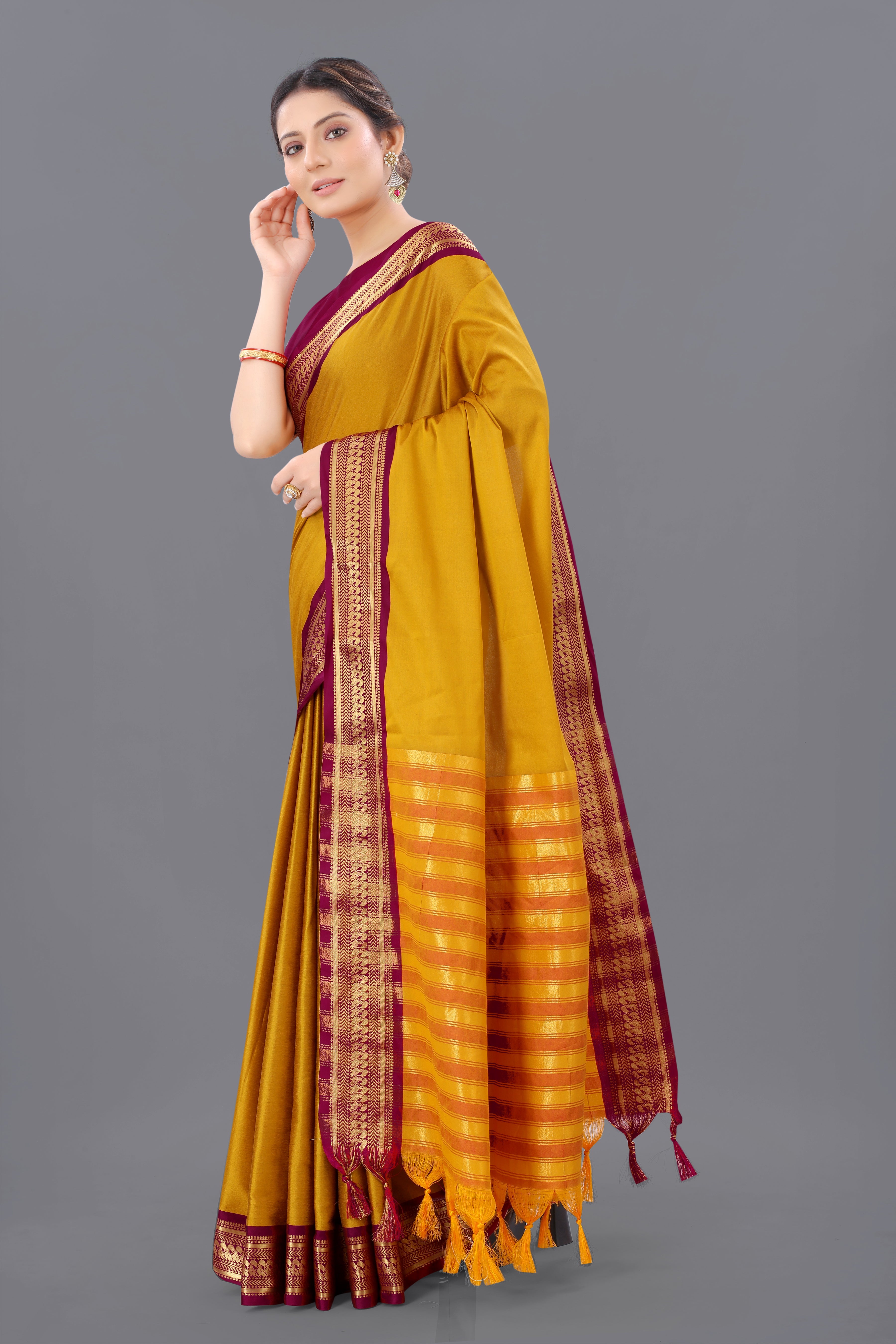 Yellow Pink Copper Design Pallavi Cotton Silk Saree