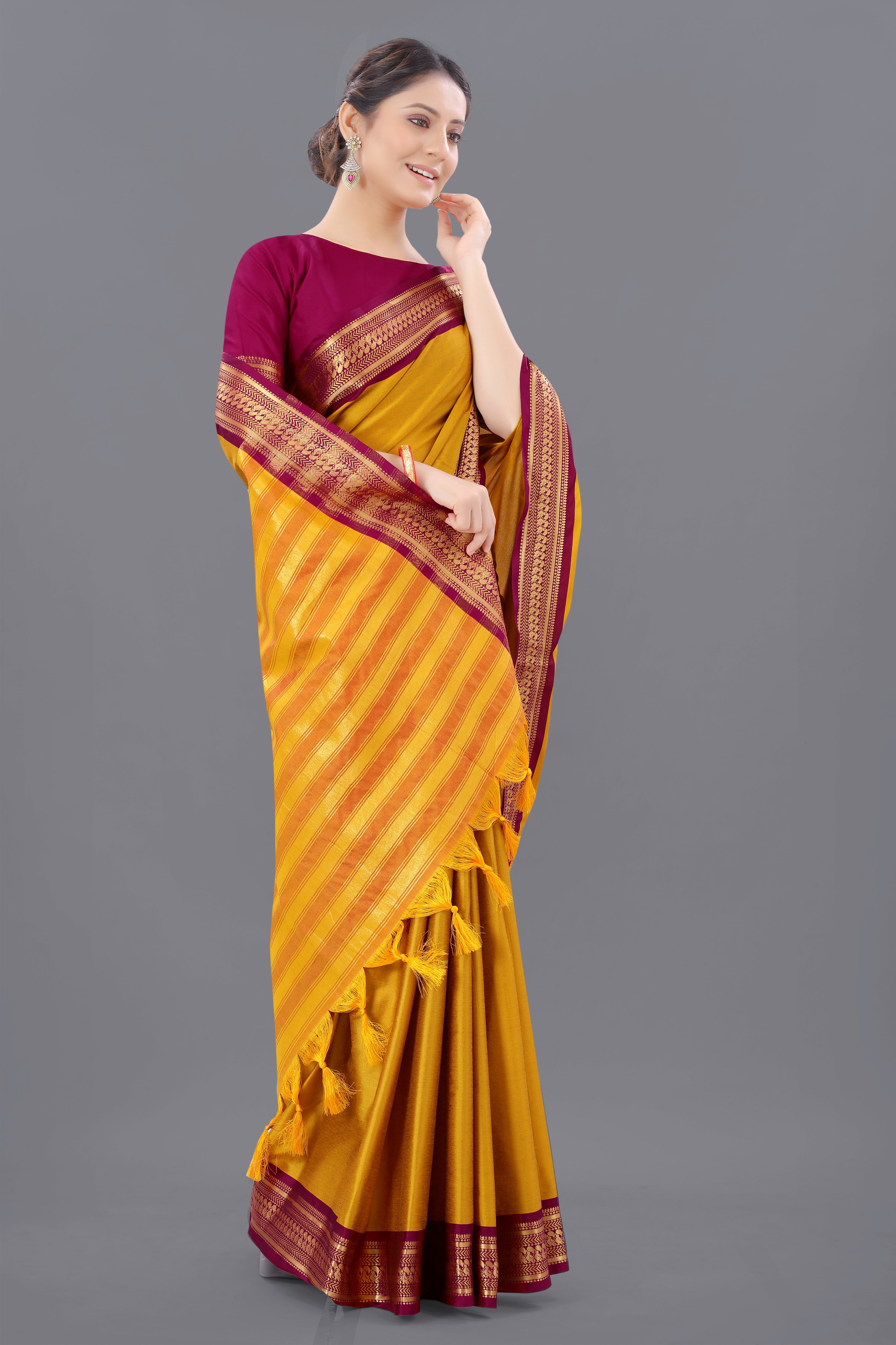 Yellow Pink Copper Design Pallavi Cotton Silk Saree