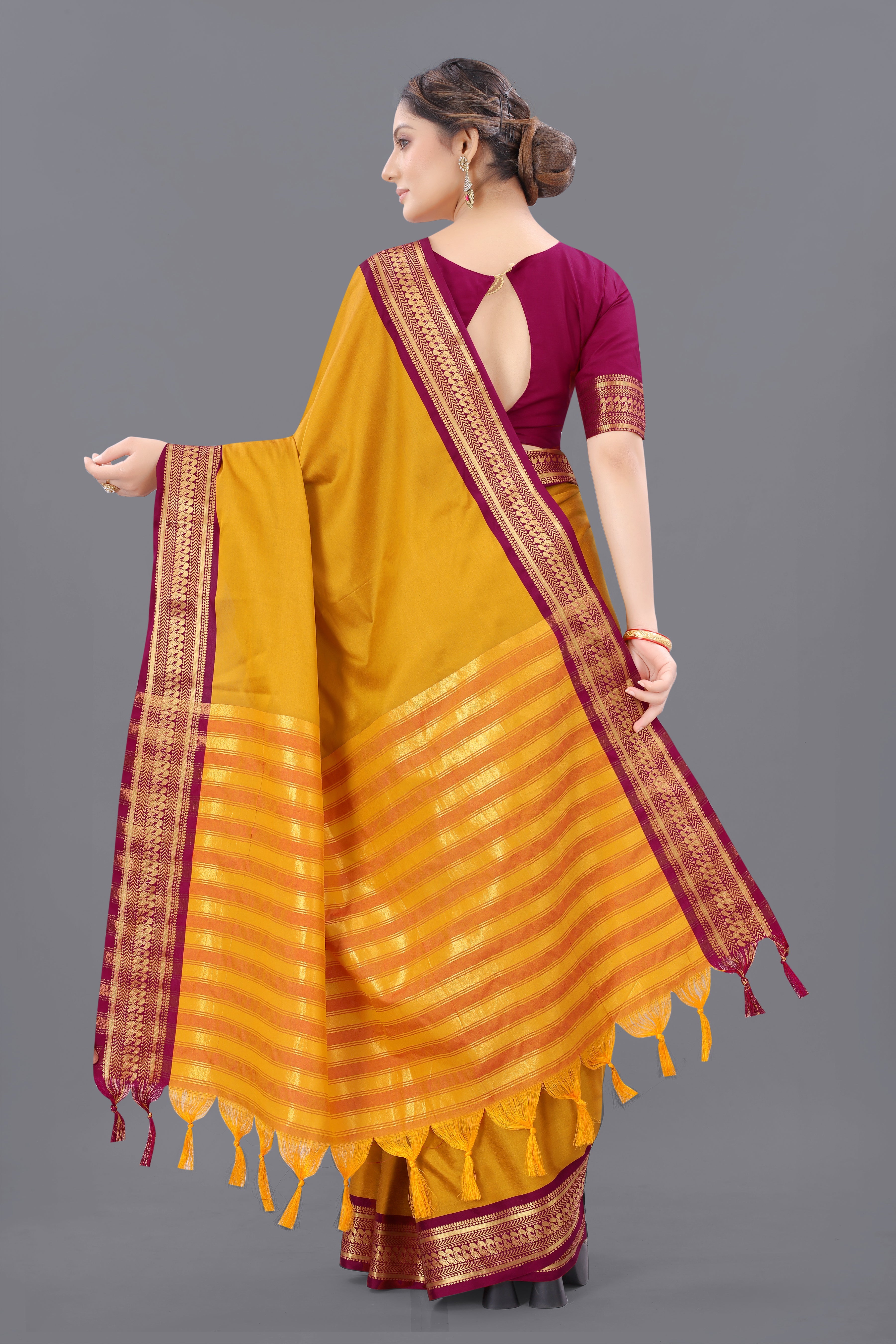 Yellow Pink Copper Design Pallavi Cotton Silk Saree