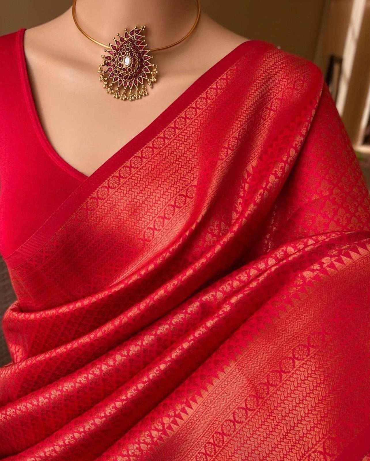 Red Copper Design Boarder Pop Kanjivaram Silk Saree