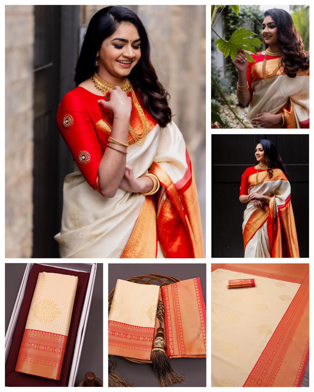 Off-white and Red Golden Design Padmavati Pure Silk Saree