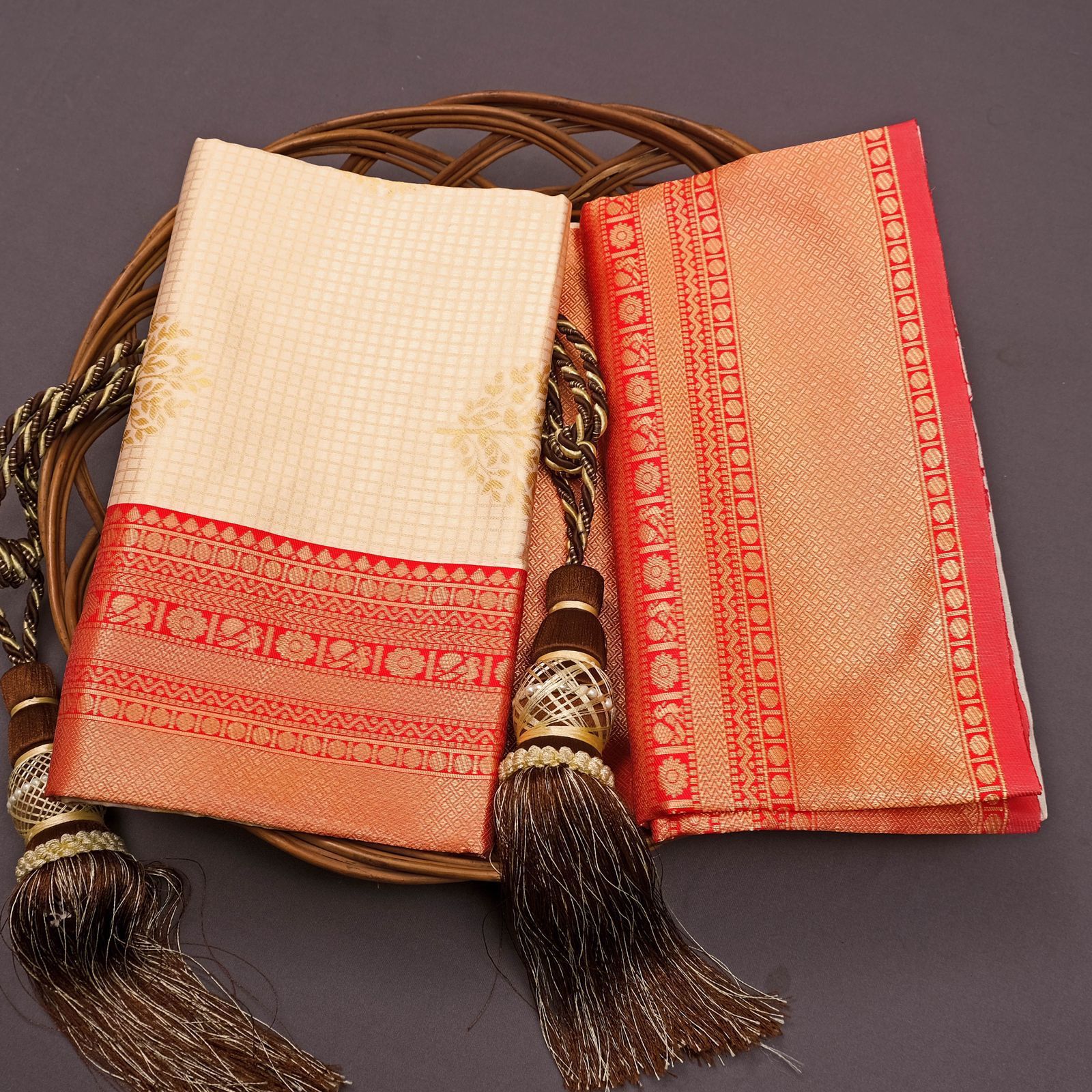 Off-white and Red Golden Design Padmavati Pure Silk Saree