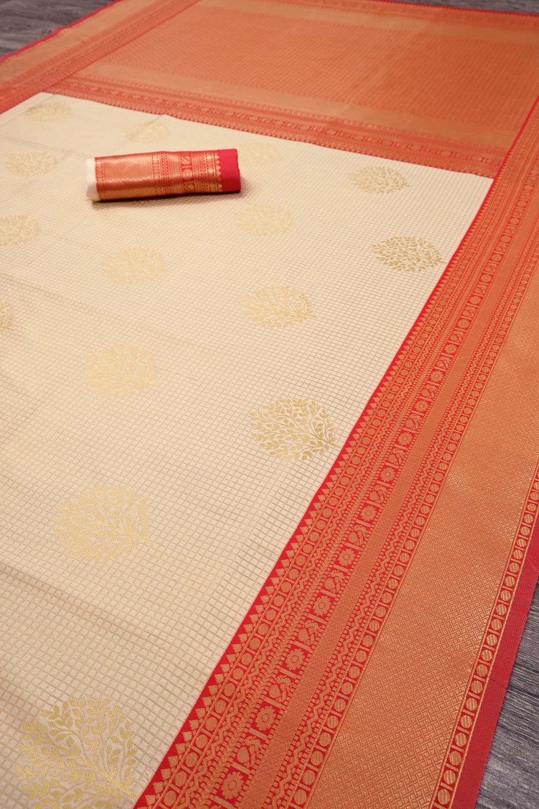 Off-white and Red Golden Design Padmavati Pure Silk Saree