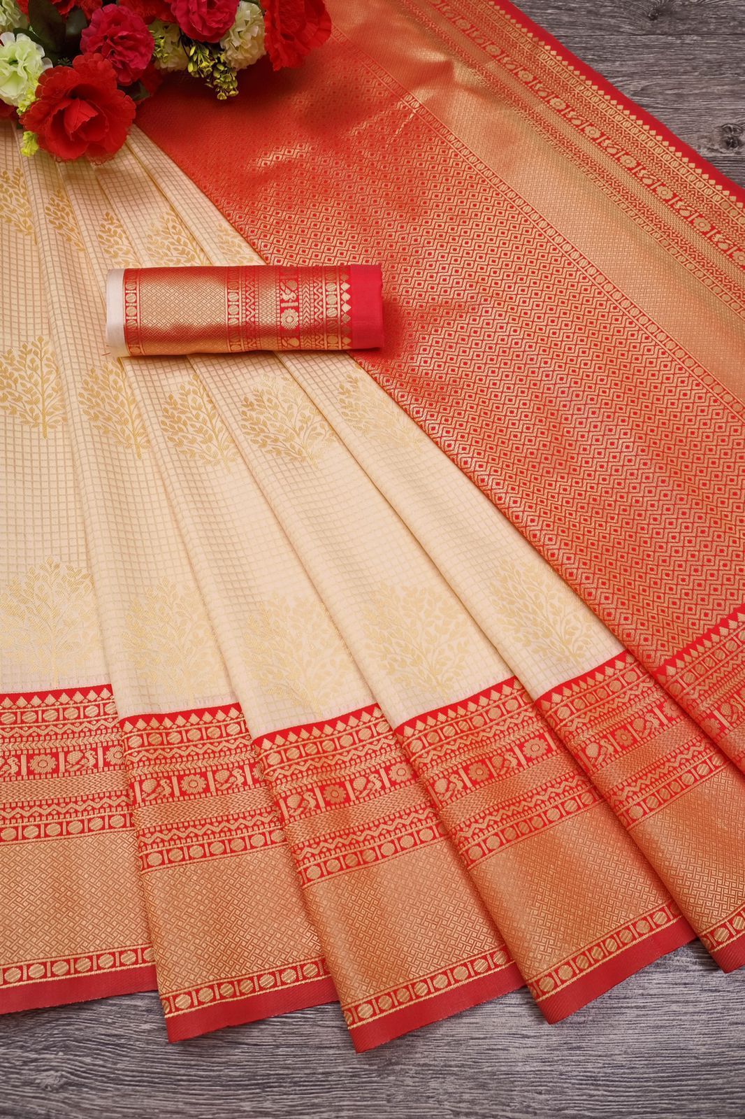 Off-white and Red Golden Design Padmavati Pure Silk Saree