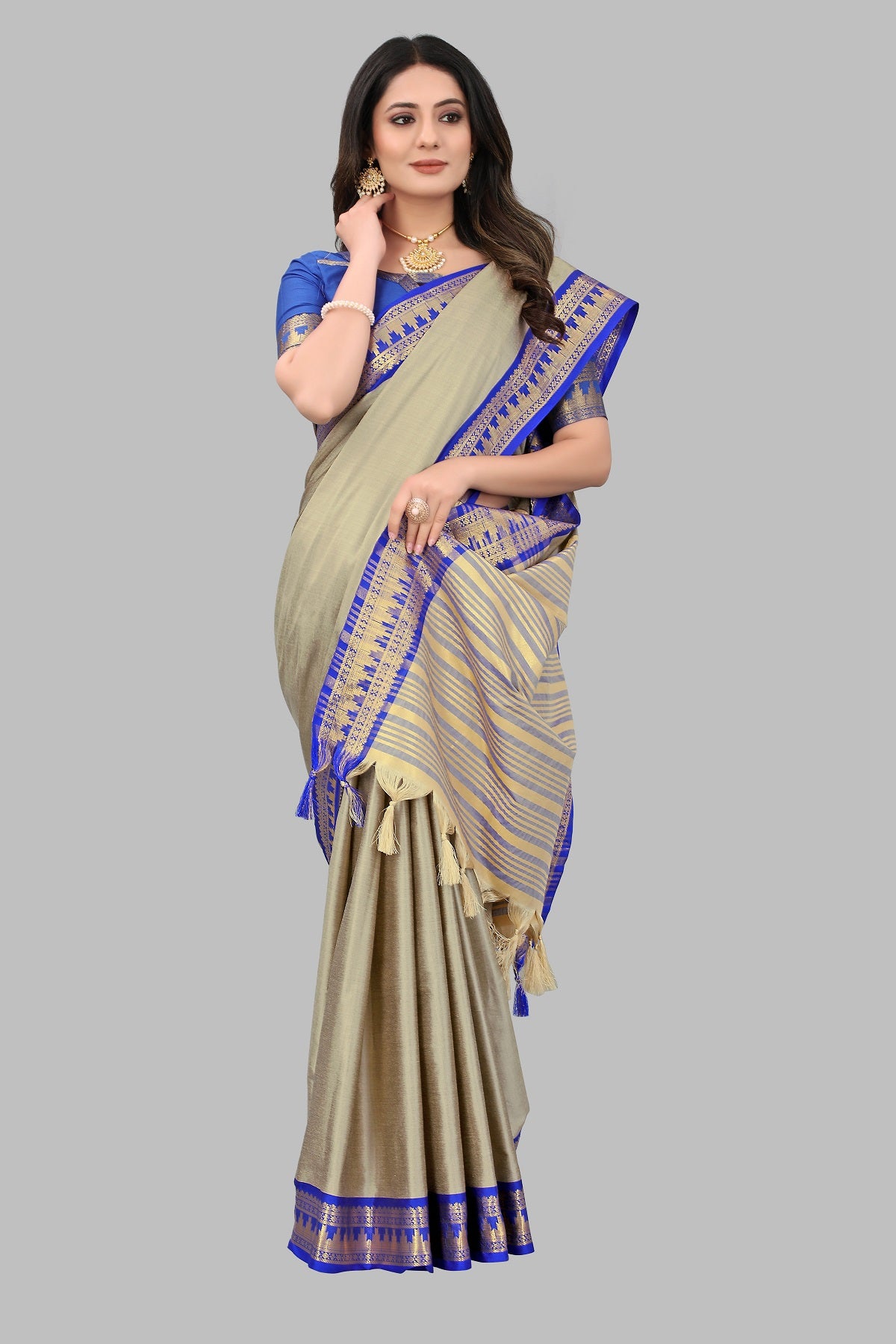 Chiku Blue Design Palav Cotton Silk Saree