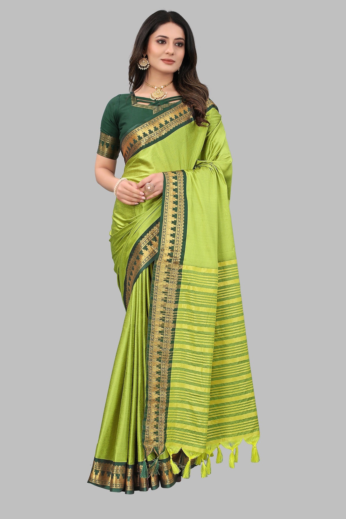 Lemon Green Design Palav Cotton Silk Saree