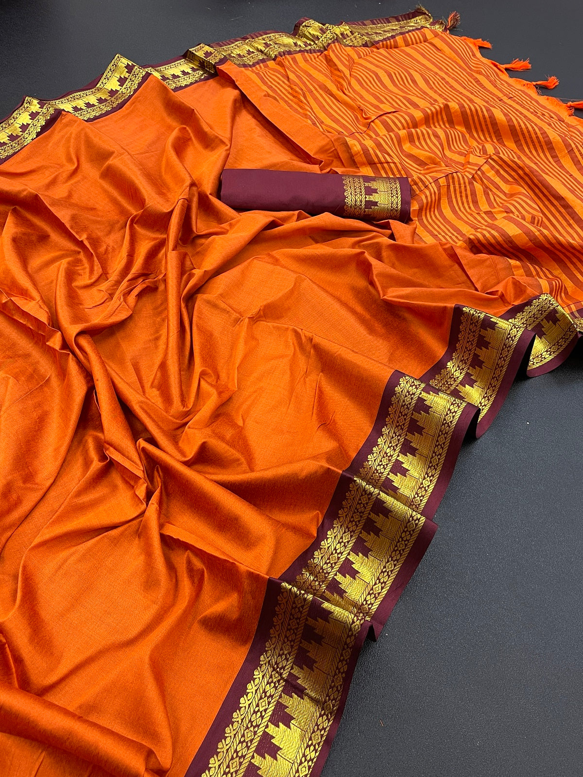 Orange Maroon Design Palav Cotton Silk Saree