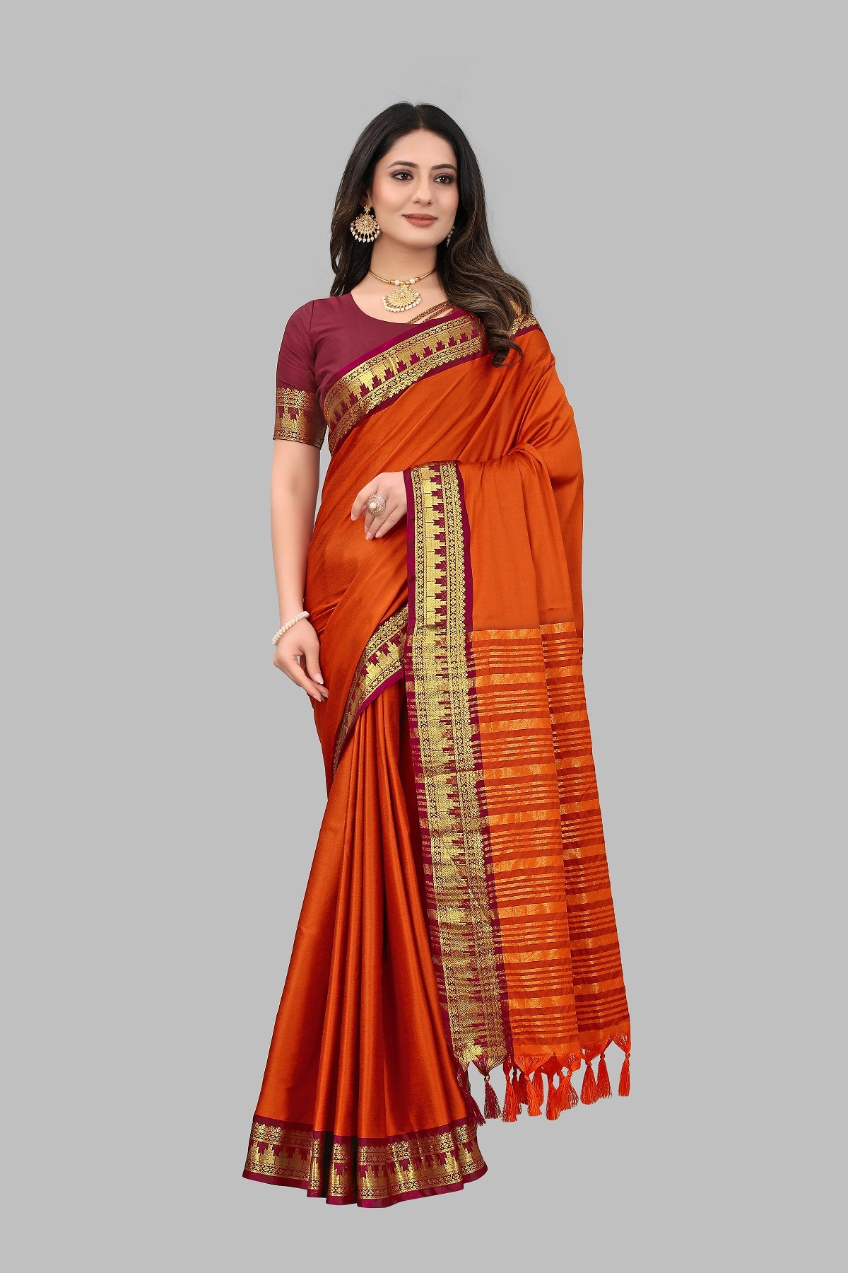 Orange Maroon Design Palav Cotton Silk Saree