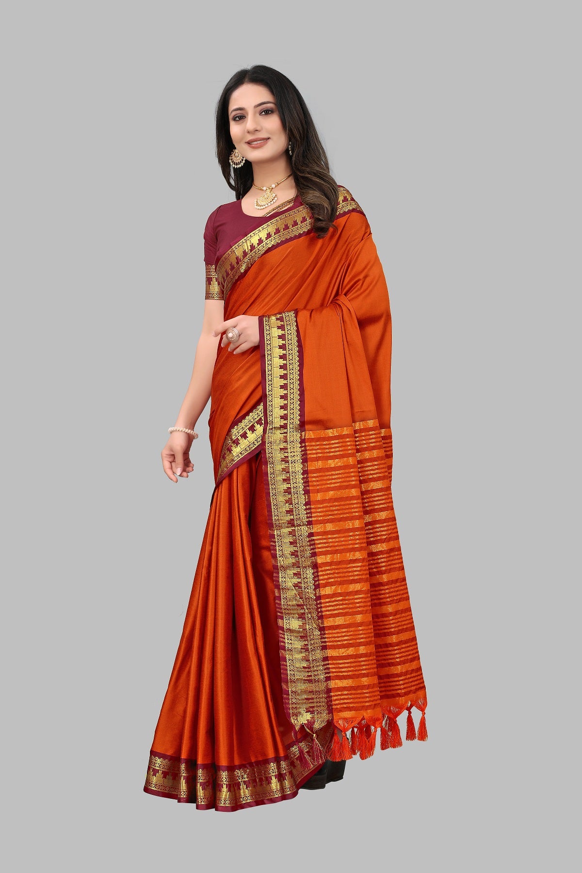 Orange Maroon Design Palav Cotton Silk Saree