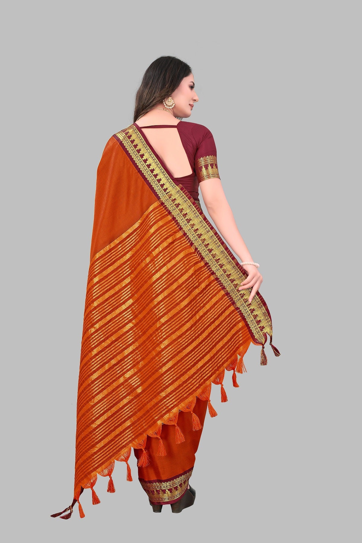 Orange Maroon Design Palav Cotton Silk Saree