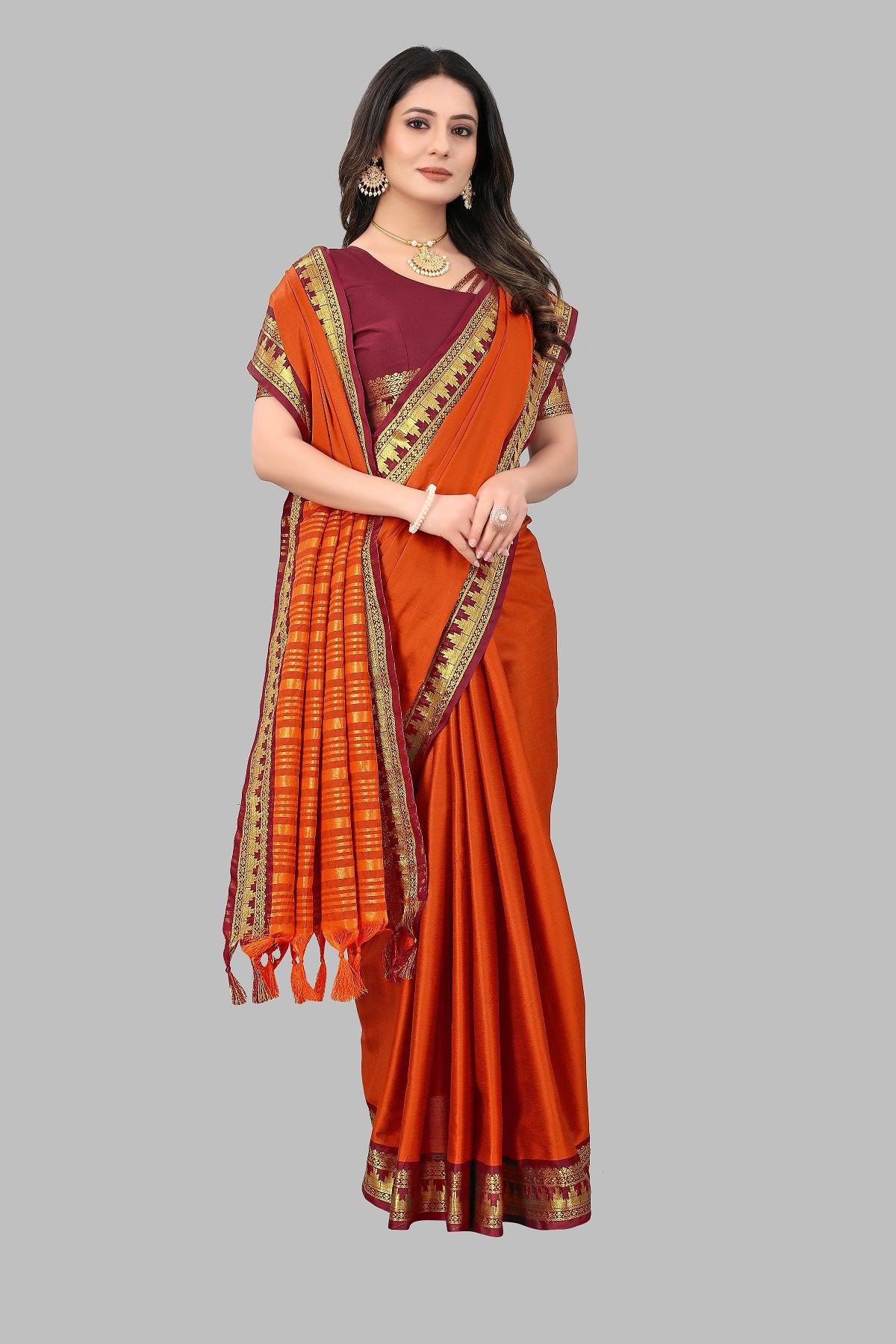 Orange Maroon Design Palav Cotton Silk Saree