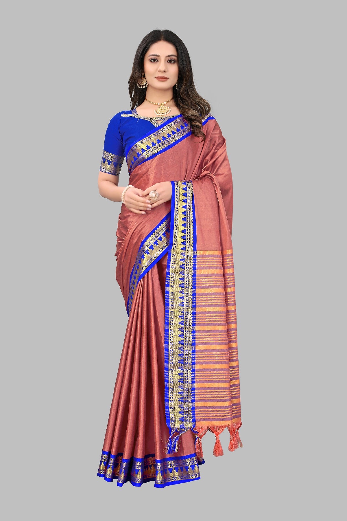 Peach Blue Design Palav Cotton Silk Saree