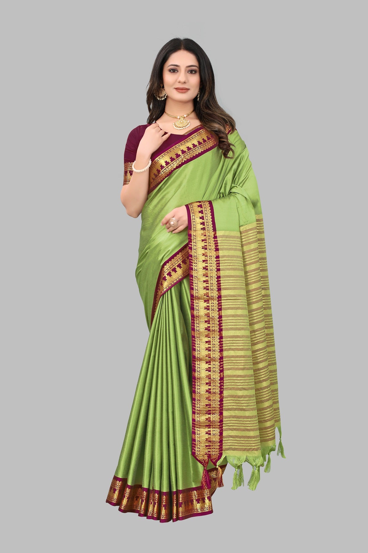 Pista Brown Design Palav Cotton Silk Saree