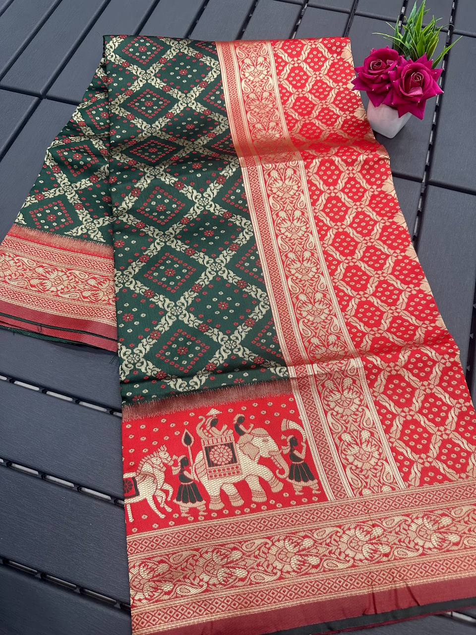 Dark Green and  Red Golden Design Padmavati Patola Silk Saree