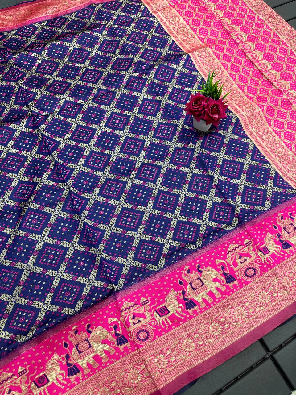 Blue and Pink Golden Design Padmavati Patola Silk Saree