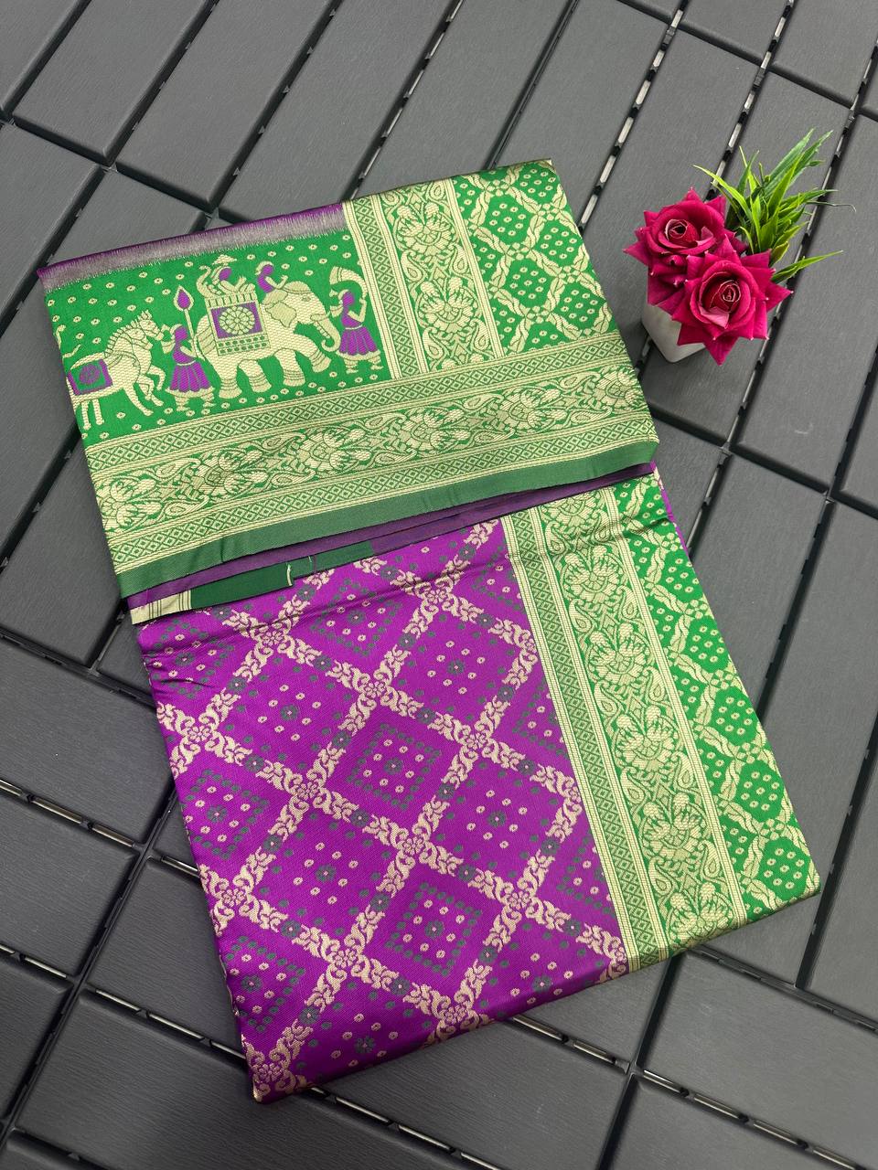 Purple and Green Golden Design Padmavati Patola Silk Saree