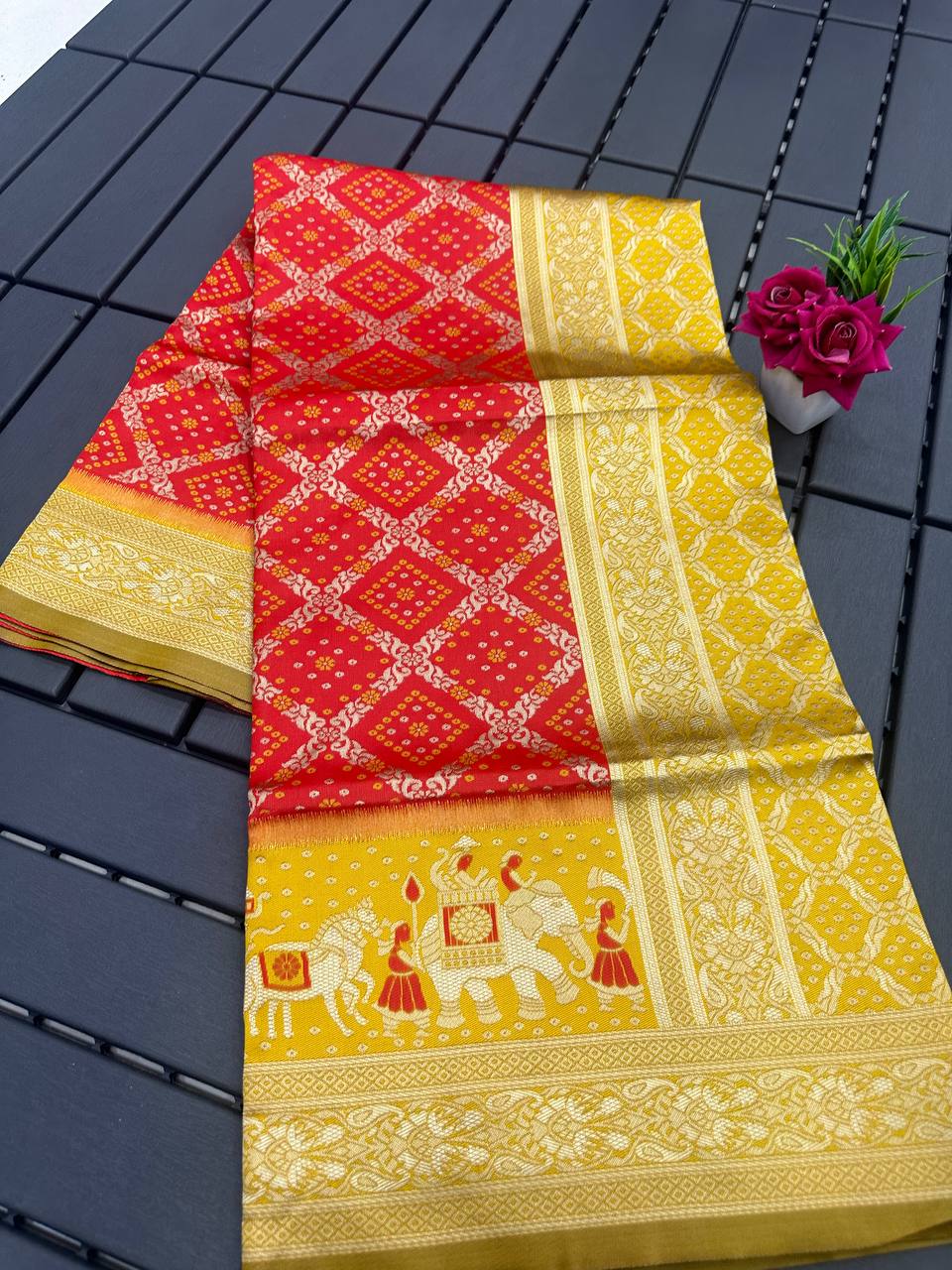 Red and Yellow Golden Design Padmavati Patola Silk Saree