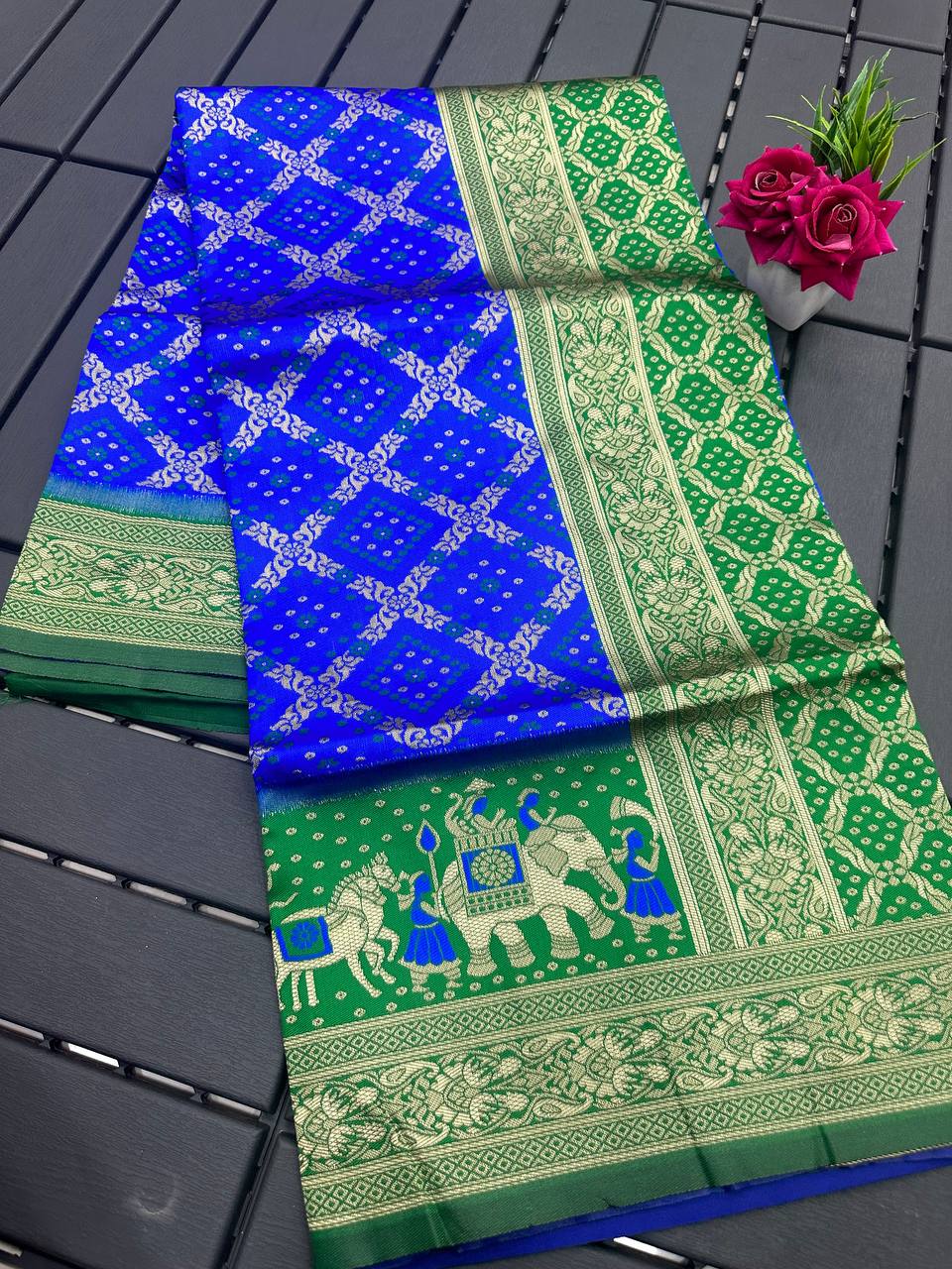 Royal Blue and Green Golden Design Padmavati Patola Silk Saree